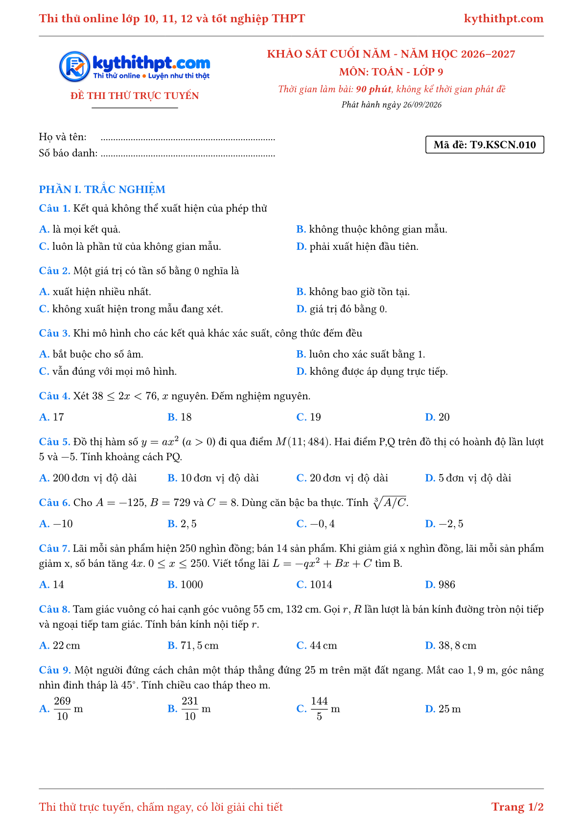 Trang đầu Đề thi thử online khảo sát cuối năm môn Toán lớp 9 - trắc nghiệm + trả lời ngắn - đề 010