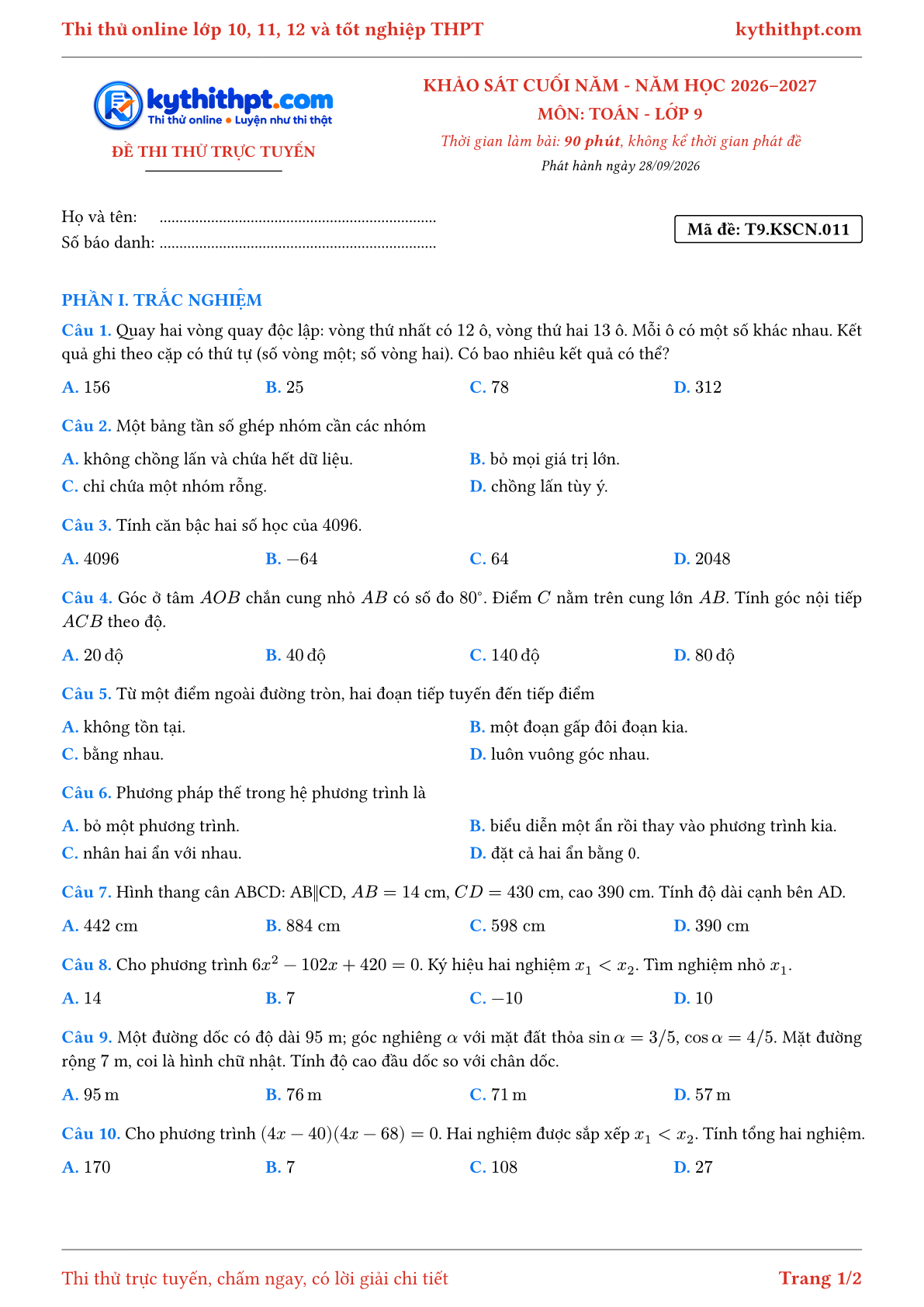 Trang đầu Đề thi thử online khảo sát cuối năm môn Toán lớp 9 - trắc nghiệm + trả lời ngắn - đề 011
