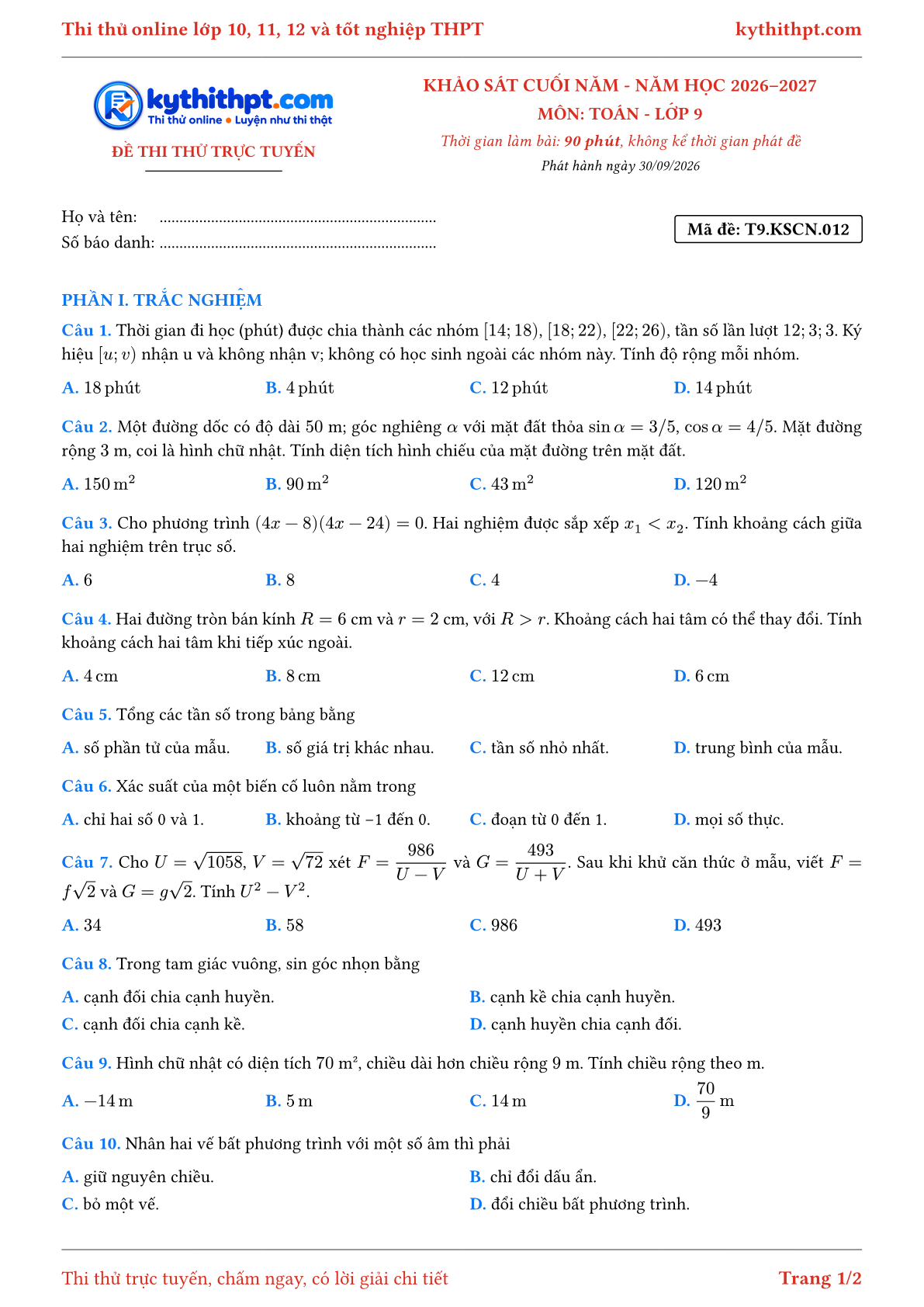 Trang đầu Đề thi thử online khảo sát cuối năm môn Toán lớp 9 - trắc nghiệm + trả lời ngắn - đề 012