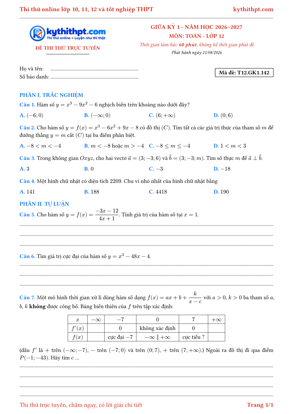 Trang đầu Đề thi thử online giữa kỳ 1 môn Toán lớp 12 - trắc nghiệm + tự luận nâng cao - đề 142
