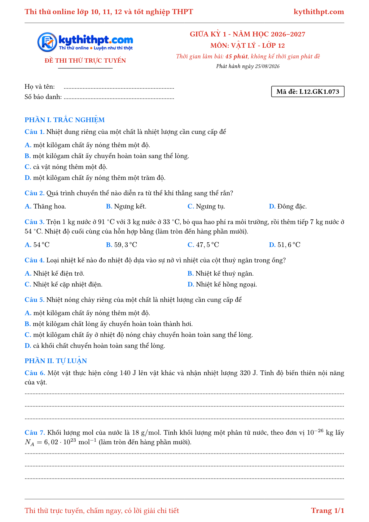 Trang đầu Đề thi thử online giữa kỳ 1 môn Vật lý lớp 12 - trắc nghiệm + tự luận - đề 076