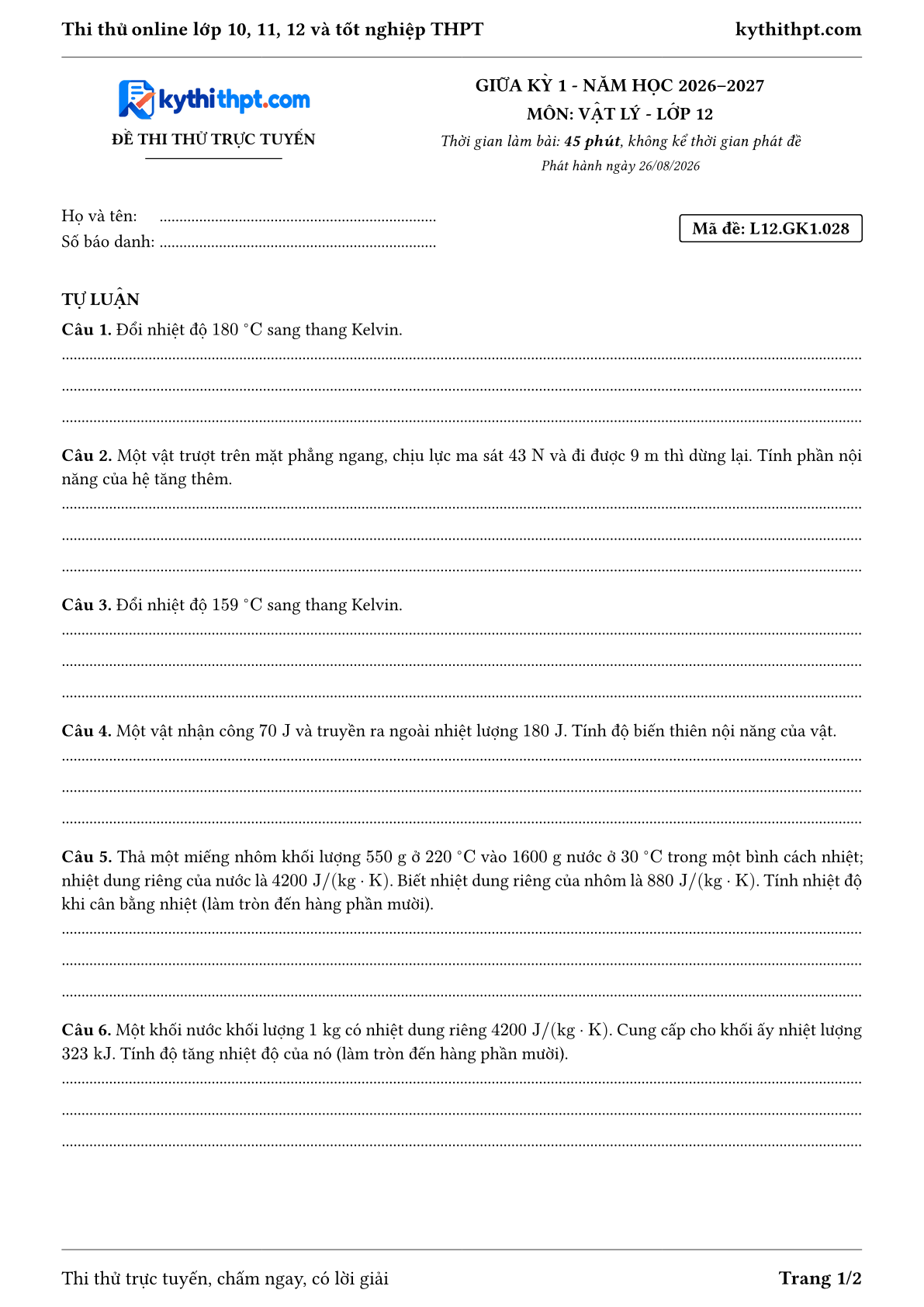 Trang đầu Đề thi thử online giữa kỳ 1 môn Vật lý lớp 12 - full tự luận - đề 028