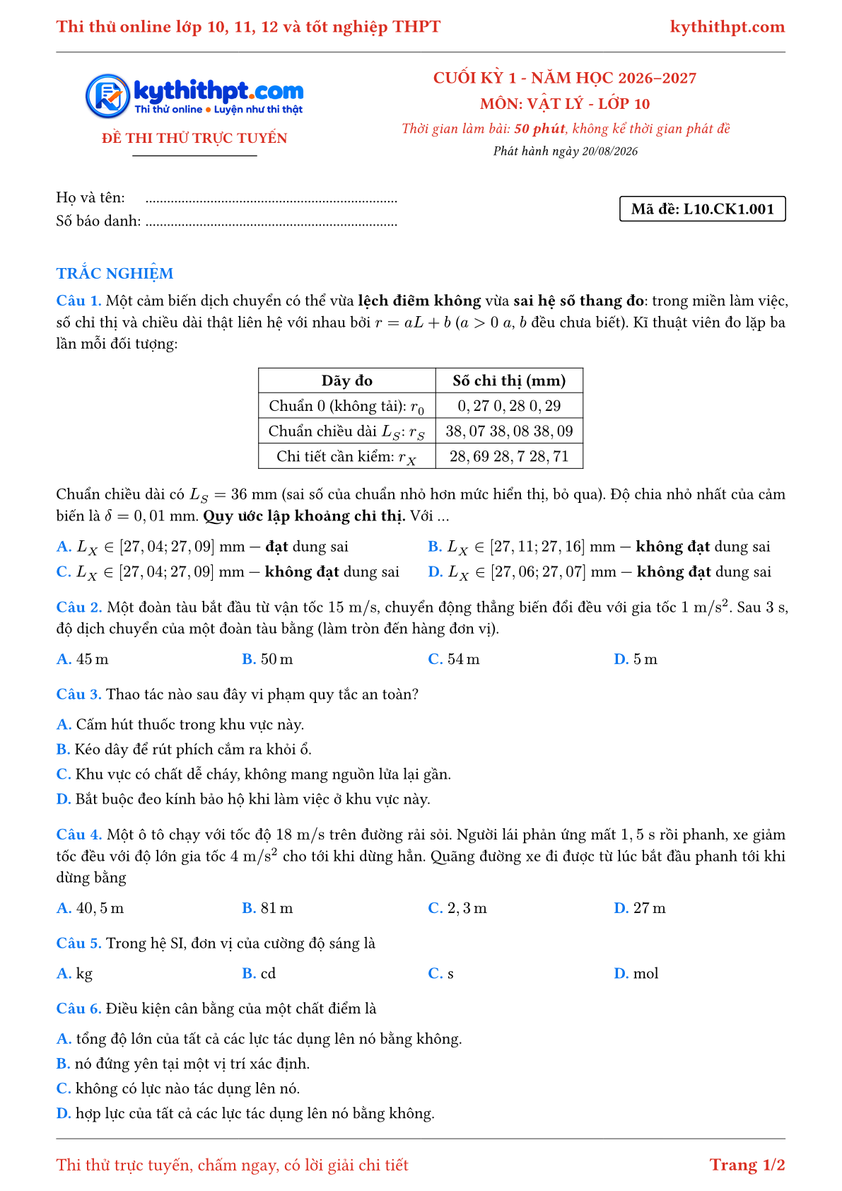 Trang đầu Đề thi thử online cuối kỳ 1 môn Vật lý lớp 10 - full trắc nghiệm - đề 001