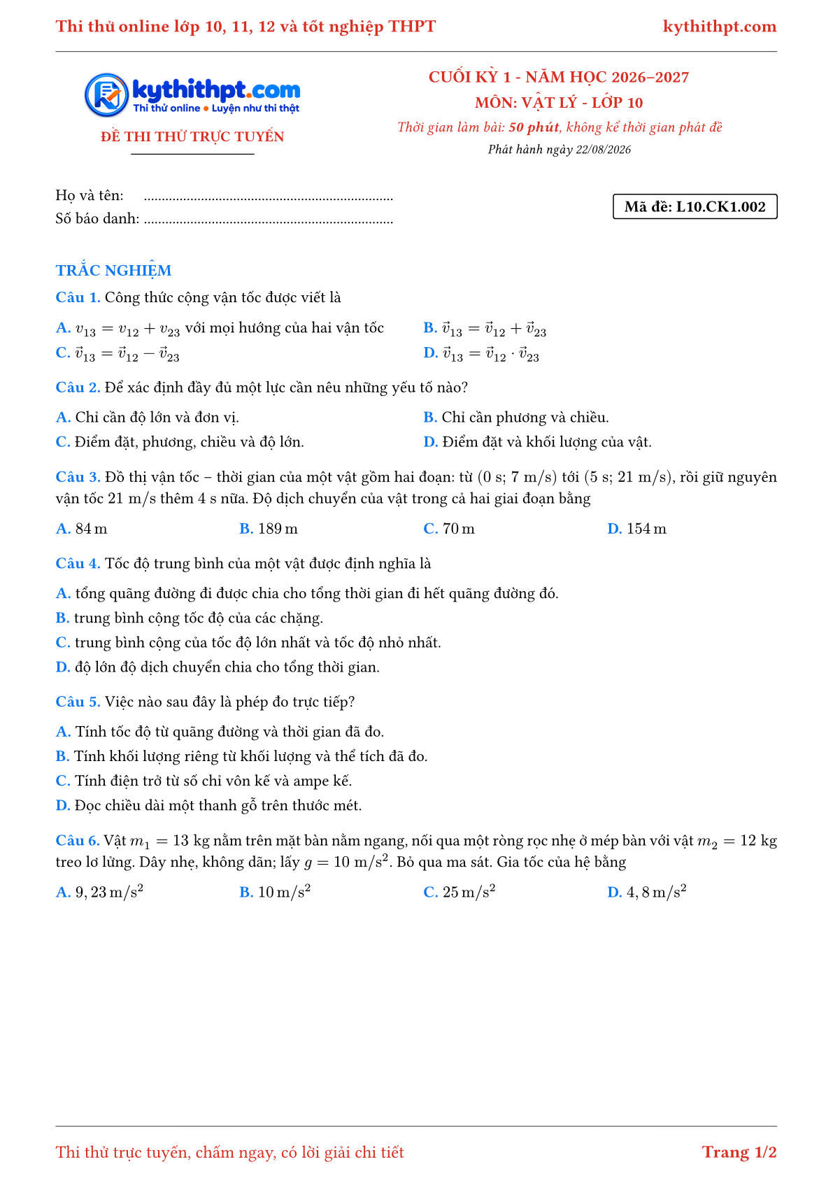 Trang đầu Đề thi thử online cuối kỳ 1 môn Vật lý lớp 10 - full trắc nghiệm - đề 002