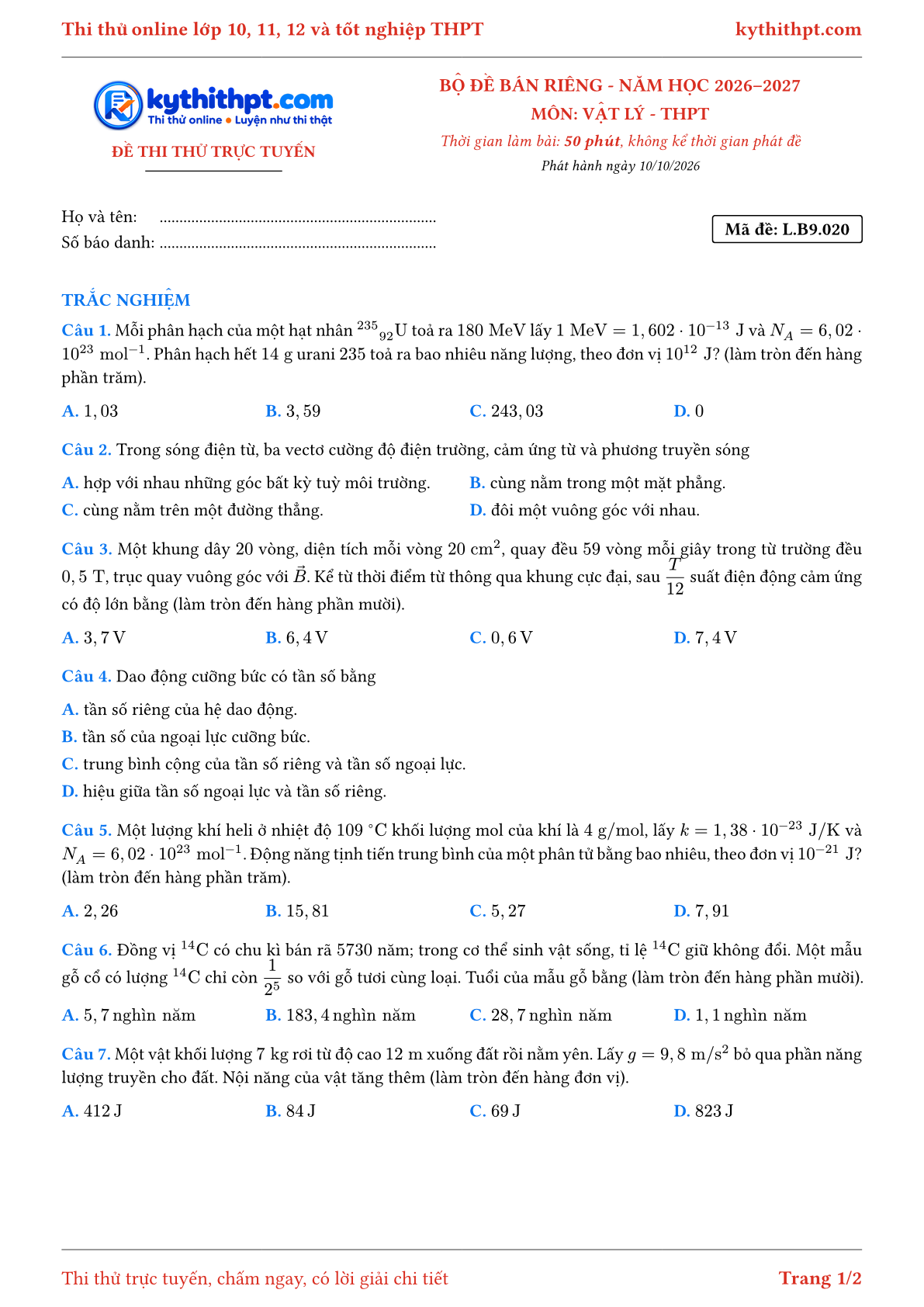 Trang đầu Đề số 020