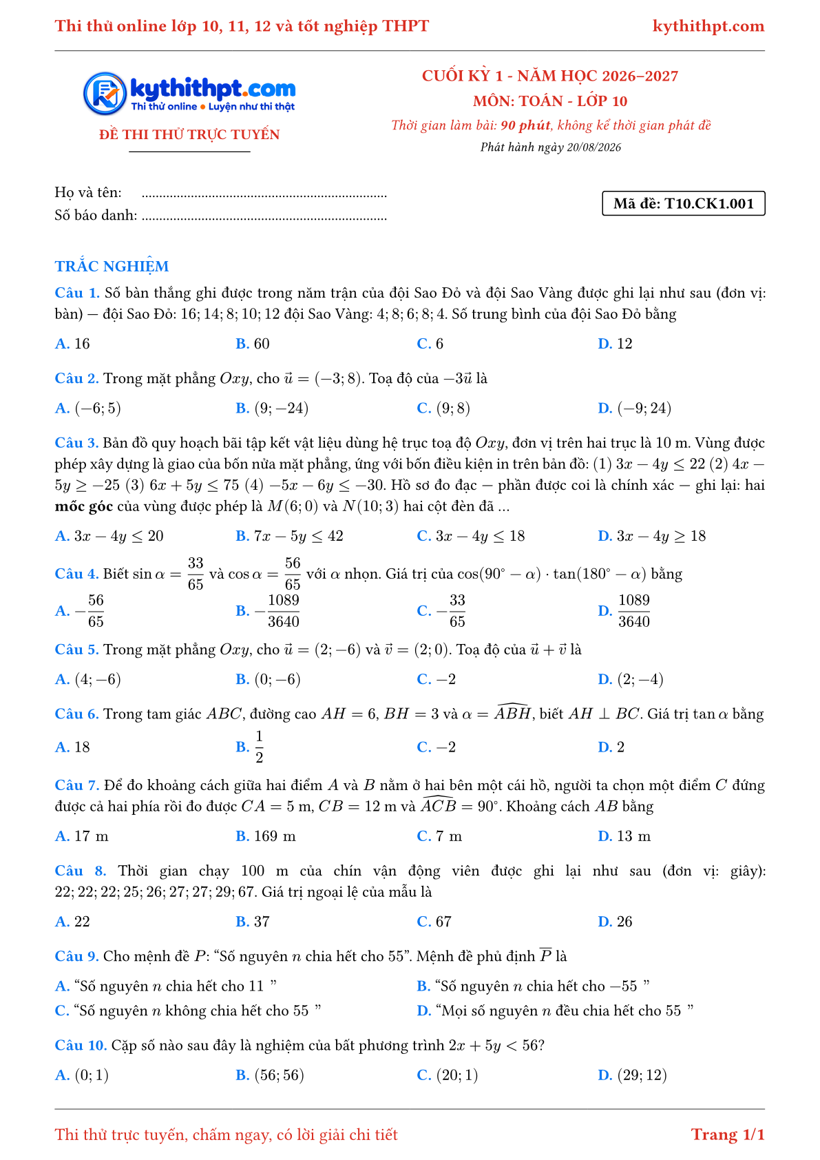 Trang đầu Đề thi thử online cuối kỳ 1 môn Toán lớp 10 - full trắc nghiệm - đề 001
