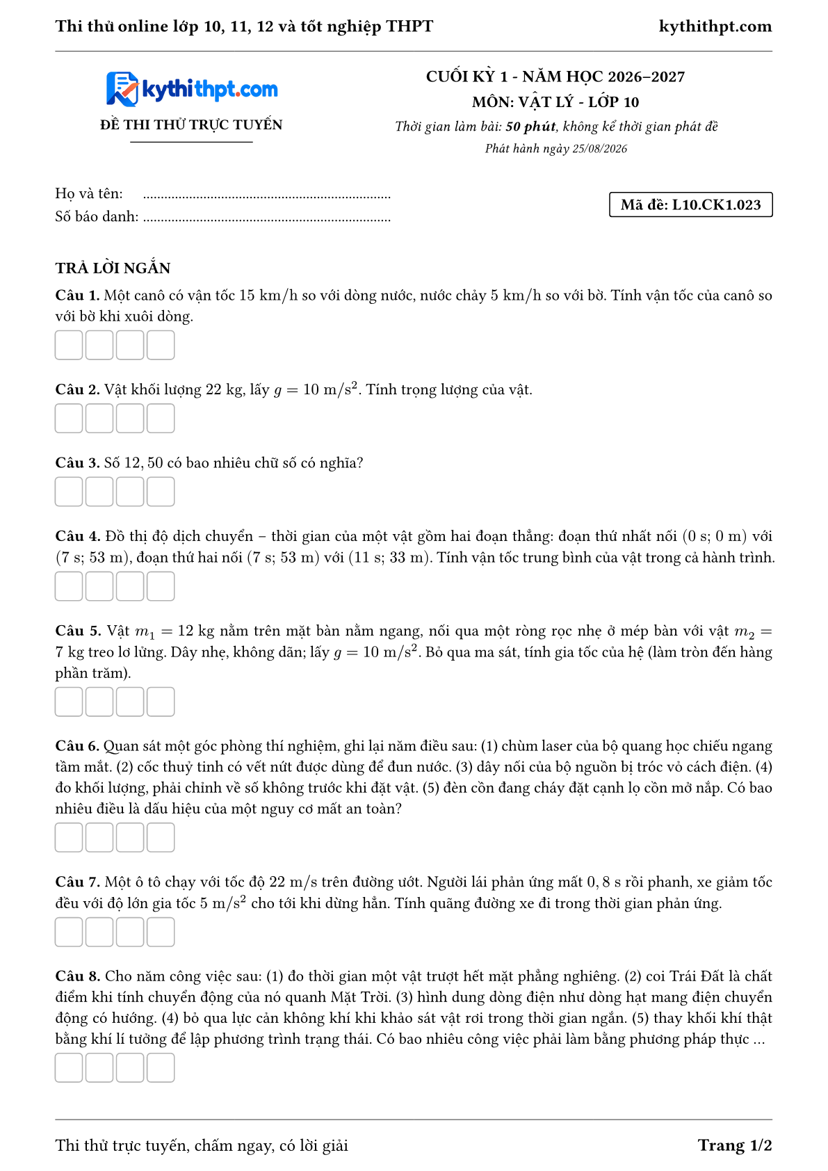 Trang đầu Đề thi thử online cuối kỳ 1 môn Vật lý lớp 10 - full trả lời ngắn - đề 023