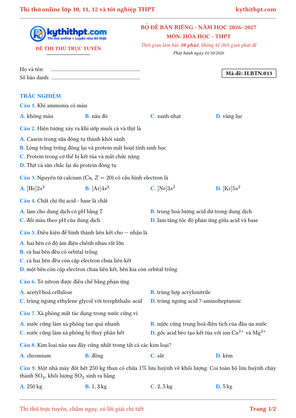 Trang đầu Đề số 013