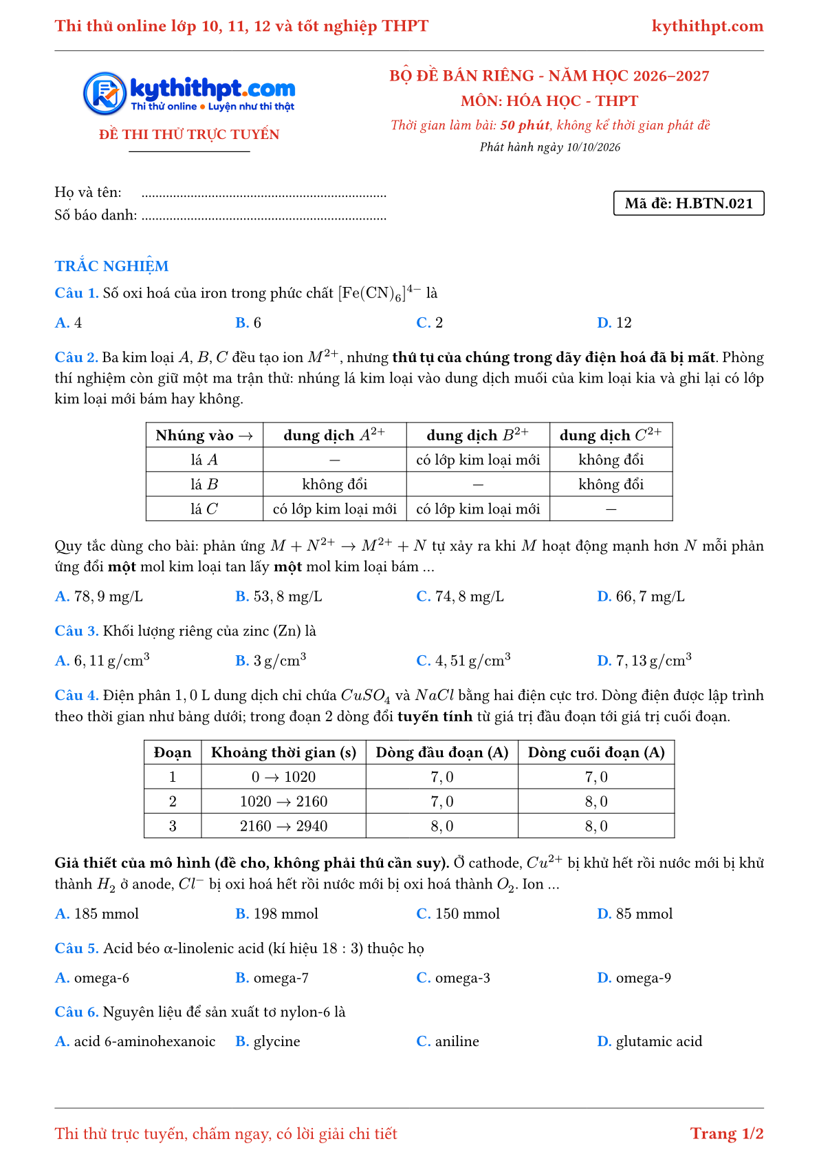 Trang đầu Đề số 021