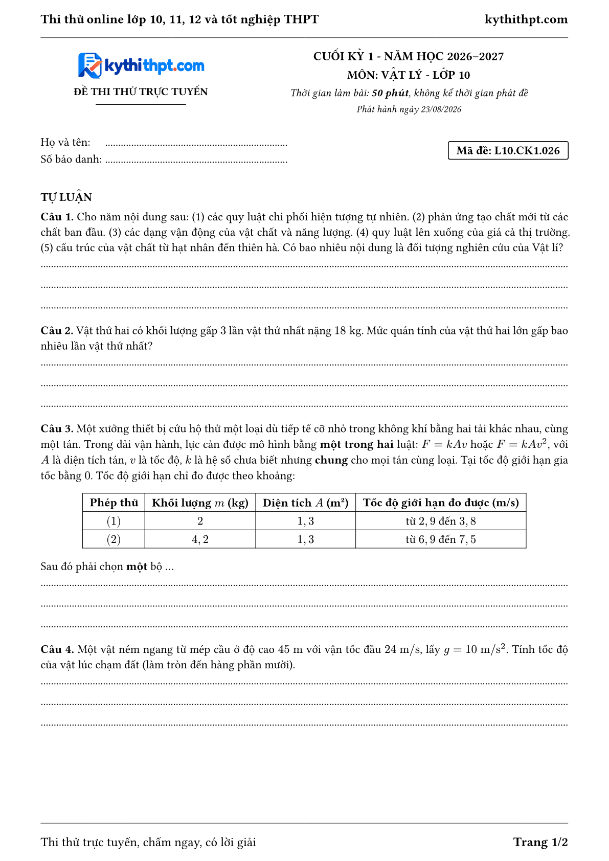 Trang đầu Đề thi thử online cuối kỳ 1 môn Vật lý lớp 10 - full tự luận - đề 026