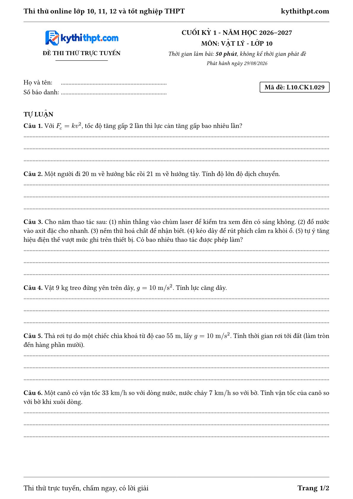 Trang đầu Đề thi thử online cuối kỳ 1 môn Vật lý lớp 10 - full tự luận - đề 029