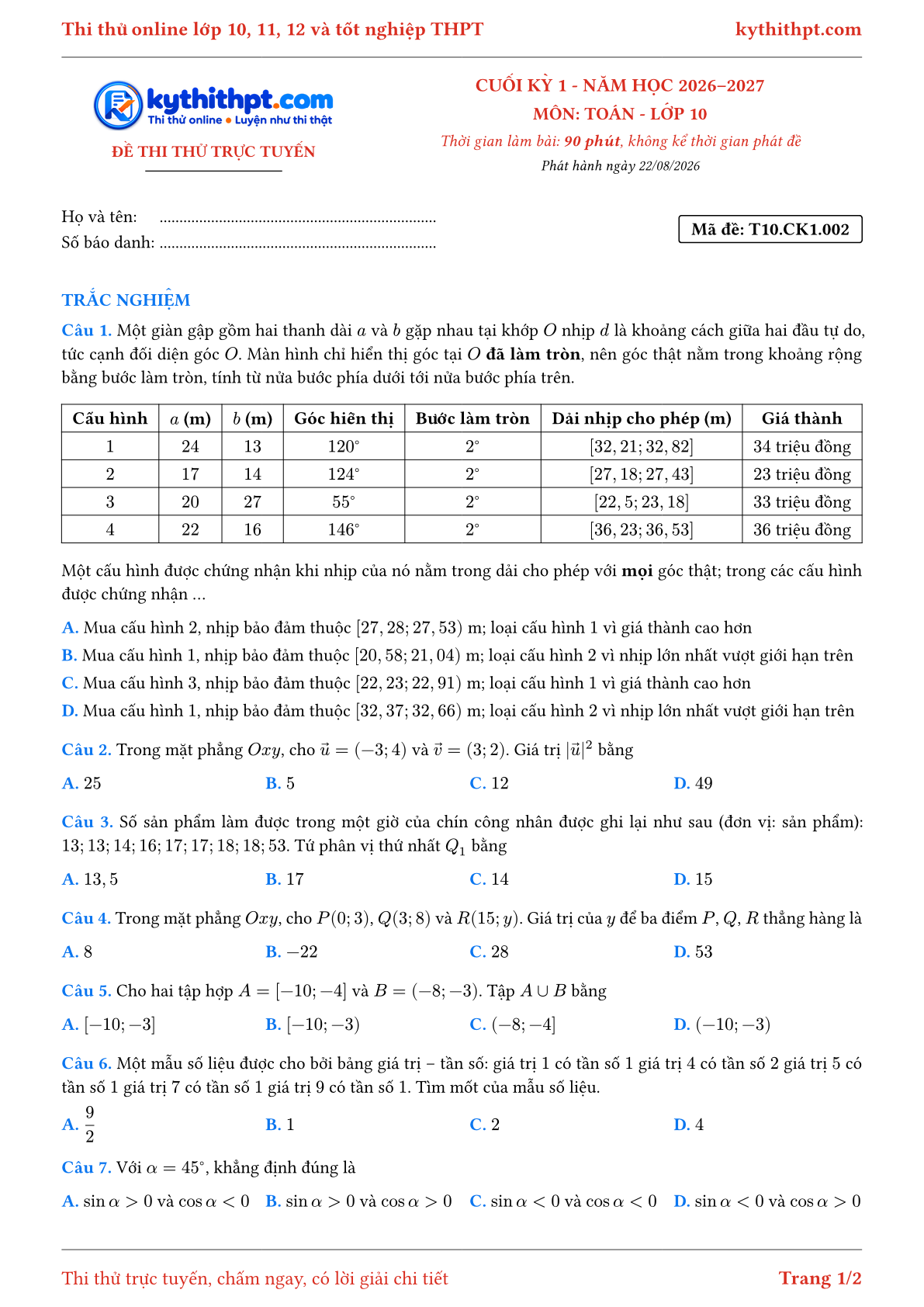 Trang đầu Đề thi thử online cuối kỳ 1 môn Toán lớp 10 - full trắc nghiệm - đề 002