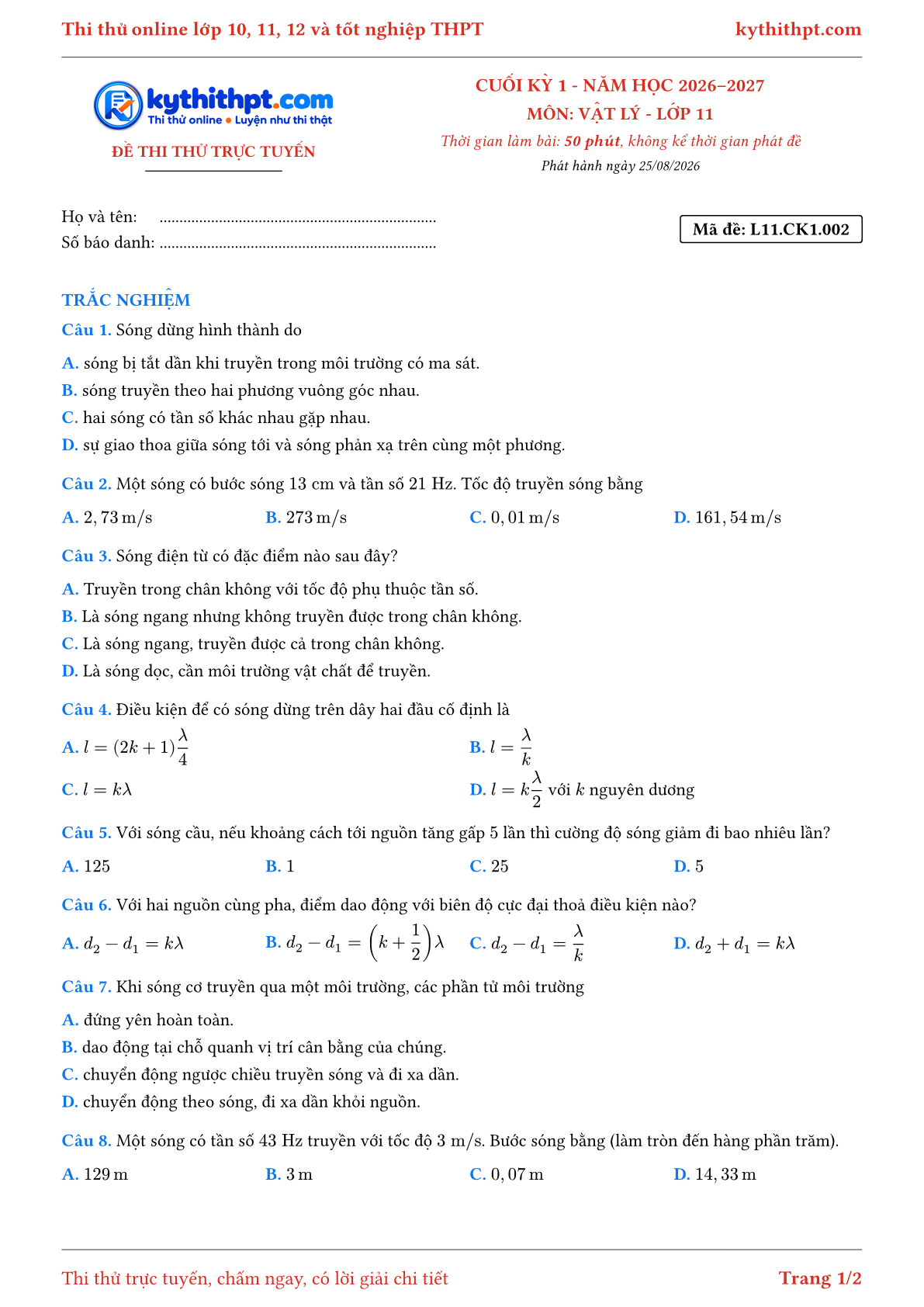 Trang đầu Đề thi thử online cuối kỳ 1 môn Vật lý lớp 11 - full trắc nghiệm - đề 002