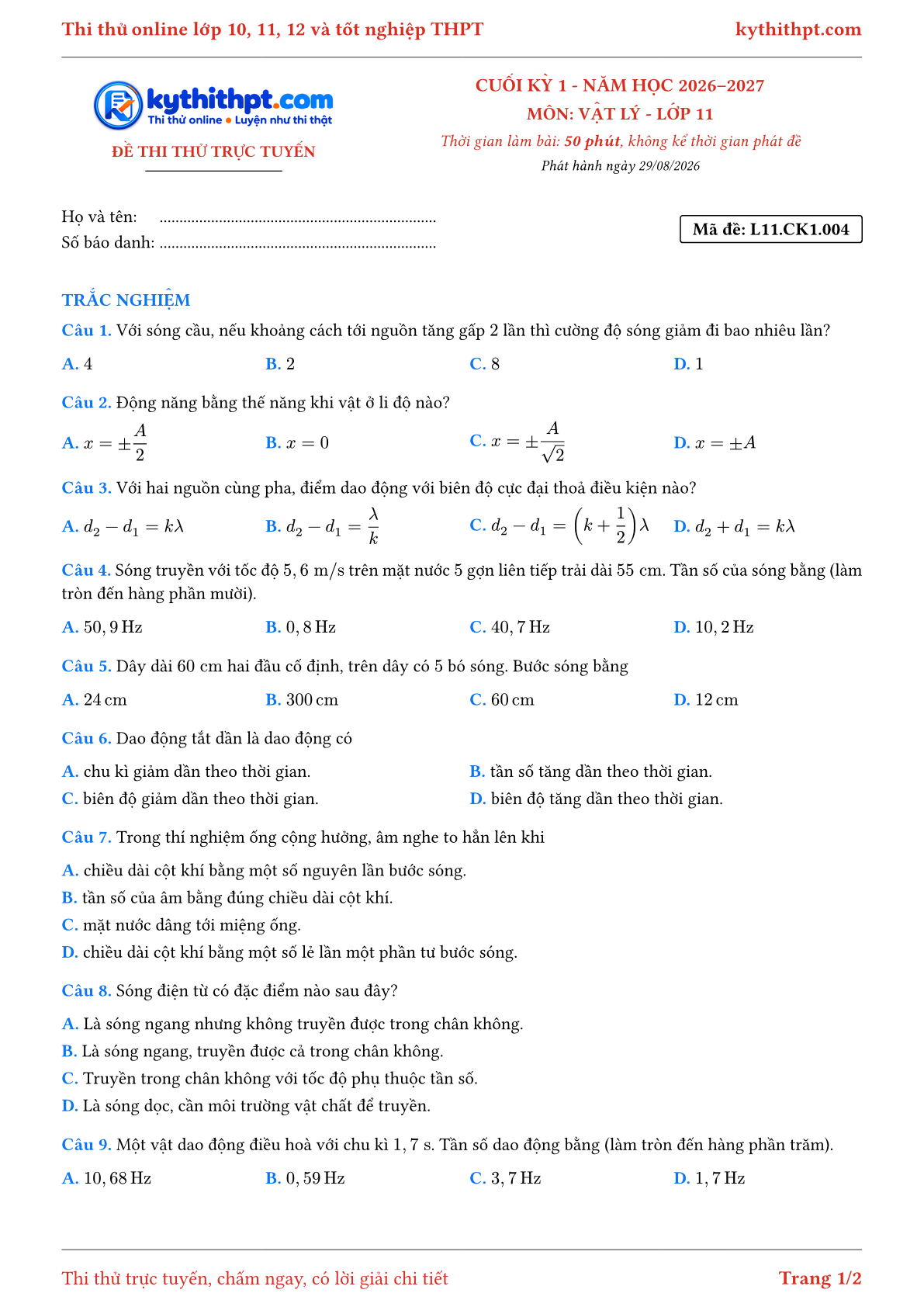 Trang đầu Đề thi thử online cuối kỳ 1 môn Vật lý lớp 11 - full trắc nghiệm - đề 004