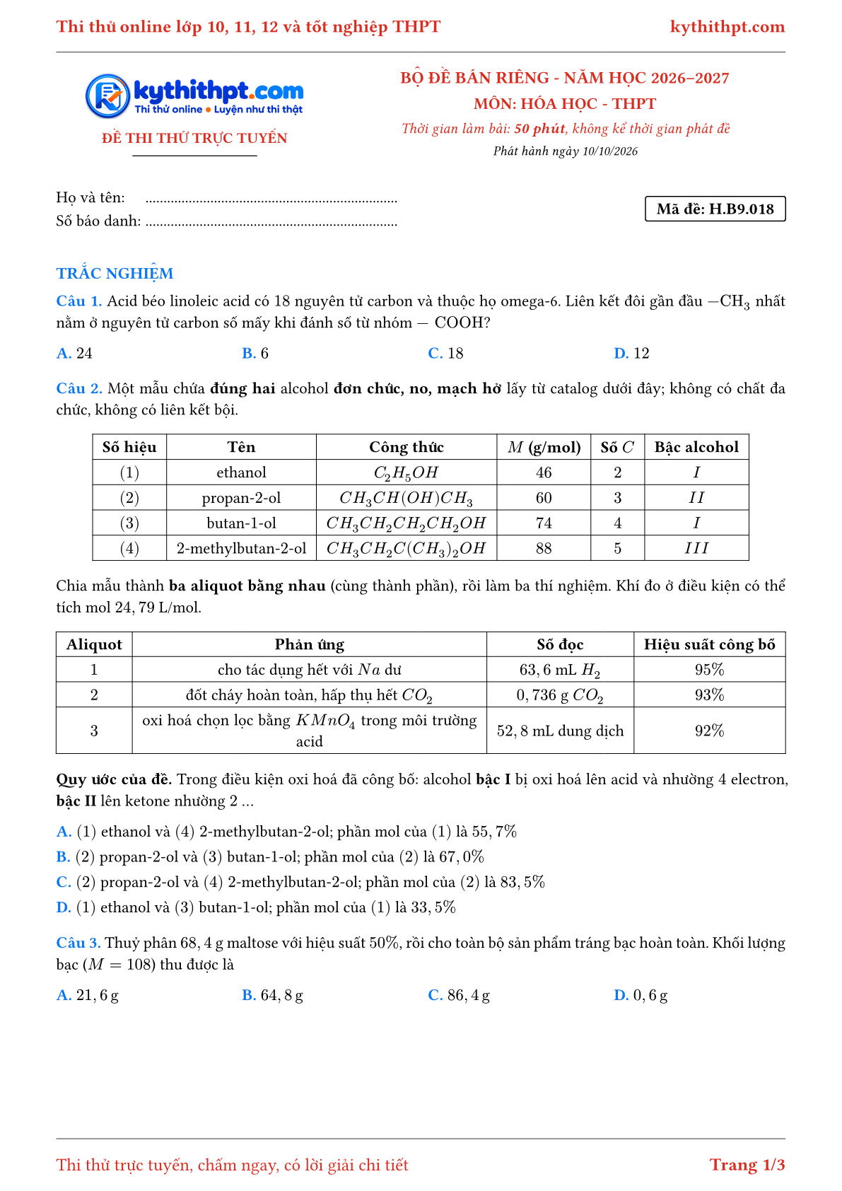 Trang đầu Đề số 018
