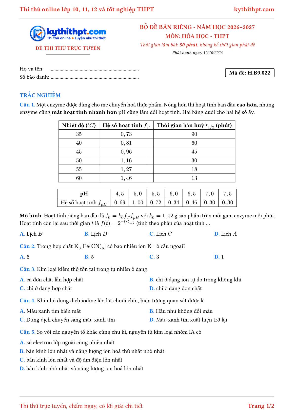 Trang đầu Đề số 022