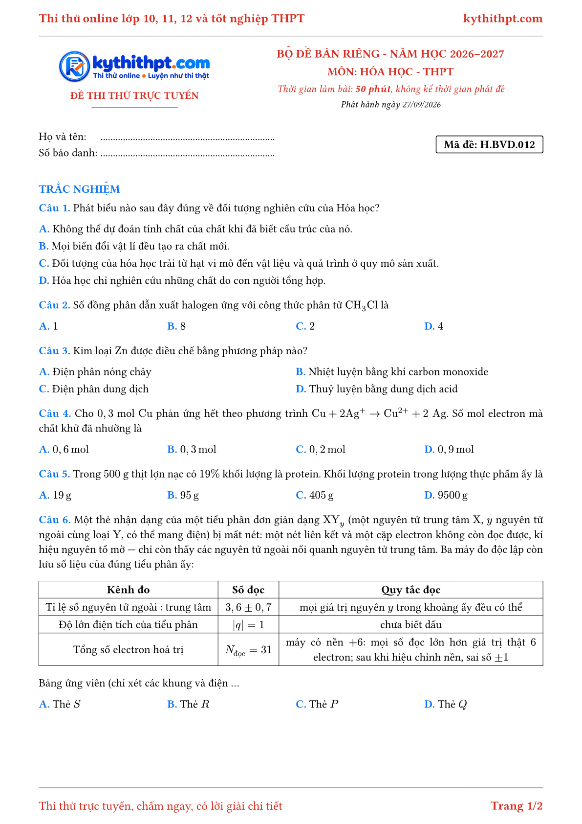 Trang đầu Đề số 012