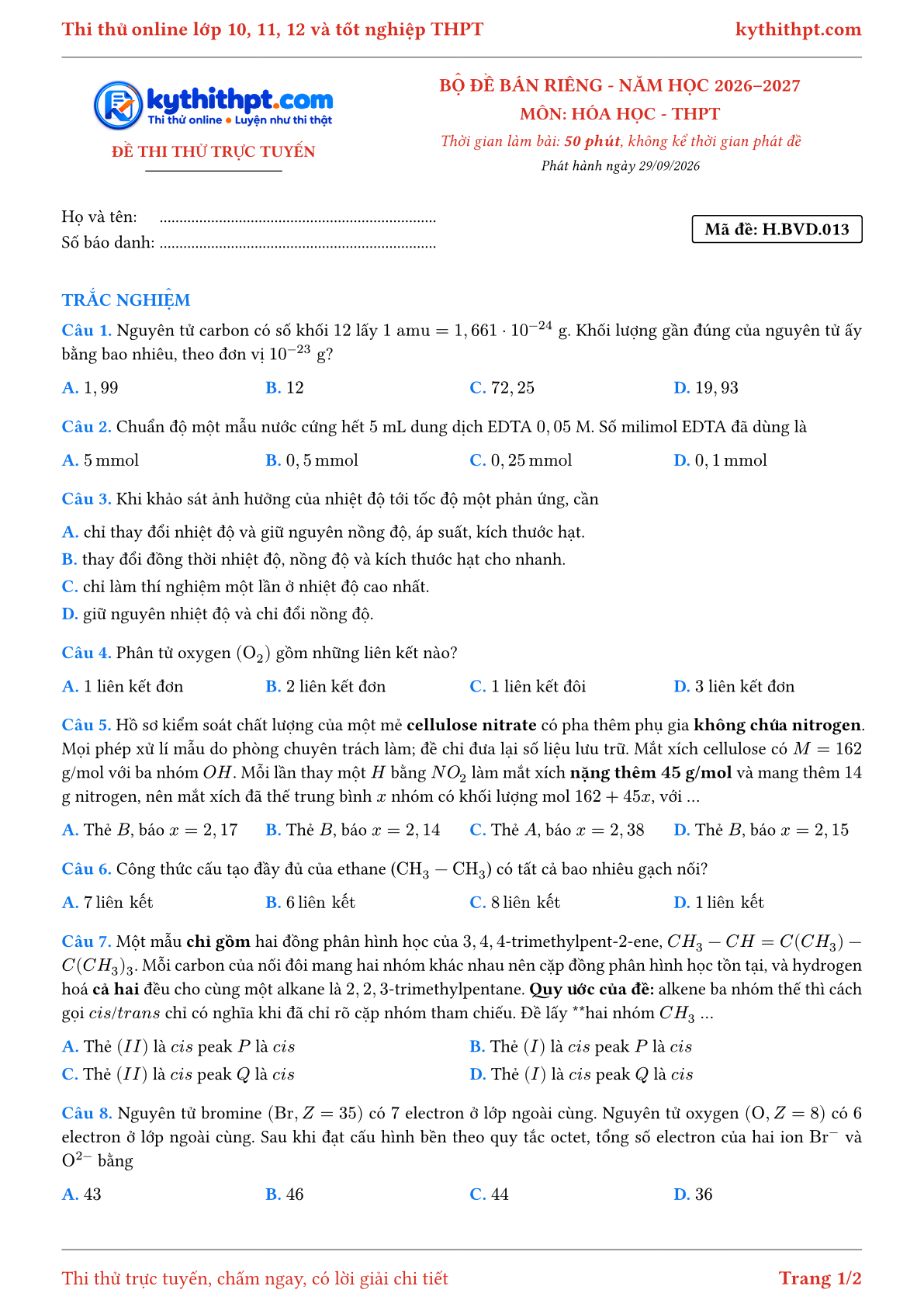 Trang đầu Đề số 013
