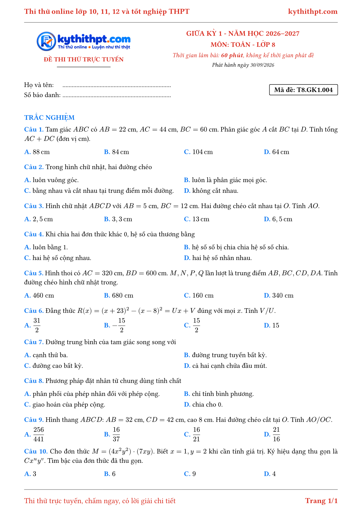 Trang đầu Đề thi thử online giữa kỳ 1 môn Toán lớp 8 - full trắc nghiệm - đề 004