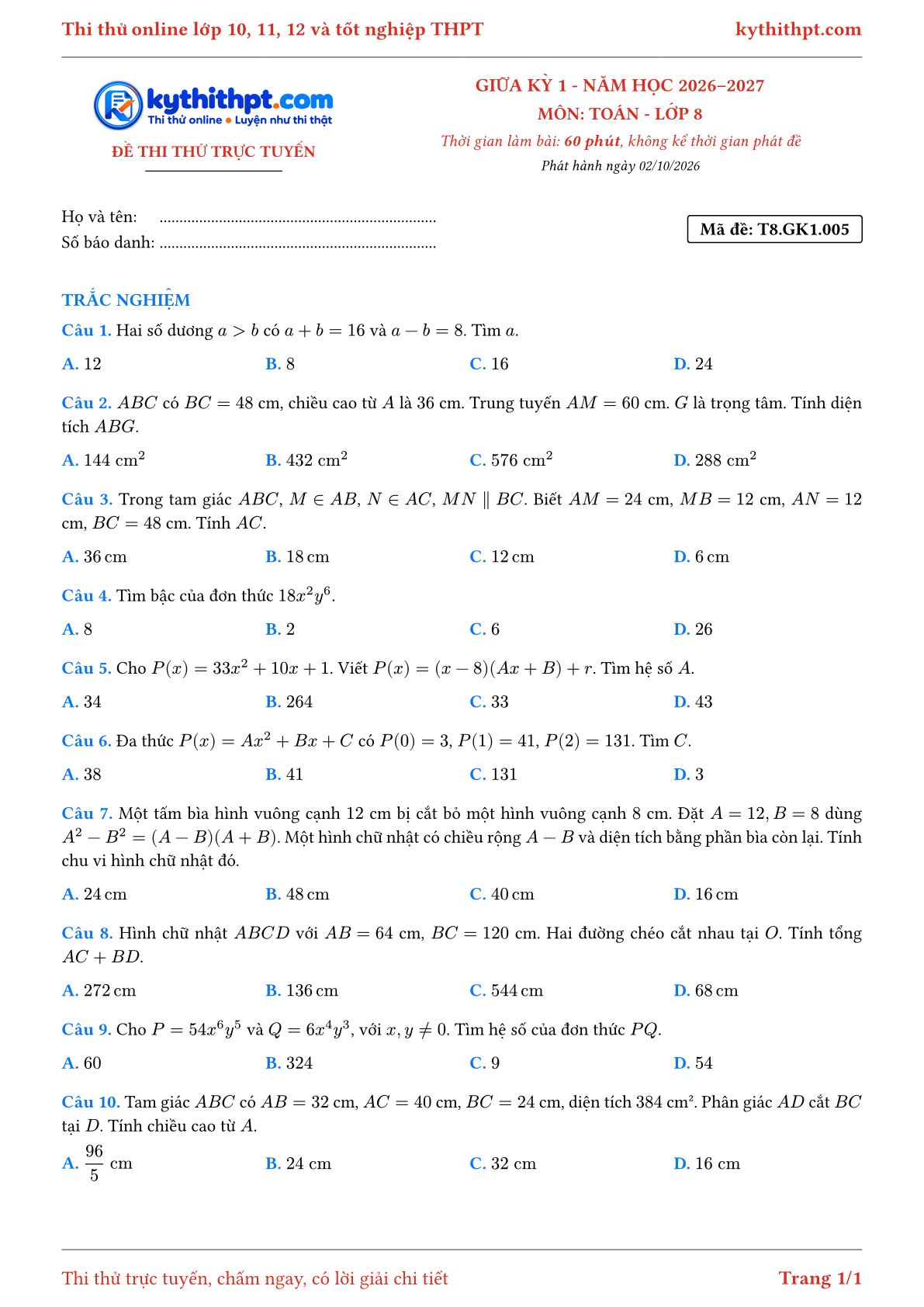 Trang đầu Đề thi thử online giữa kỳ 1 môn Toán lớp 8 - full trắc nghiệm - đề 005