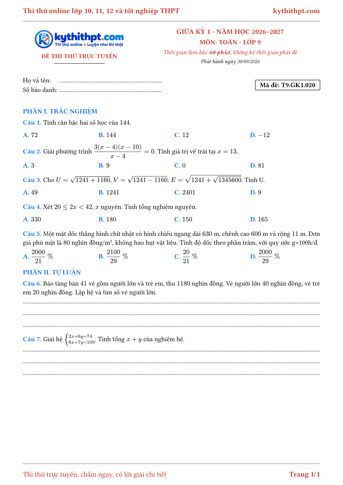 Trang đầu Đề thi thử online giữa kỳ 1 môn Toán lớp 9 - trắc nghiệm + tự luận - đề 021