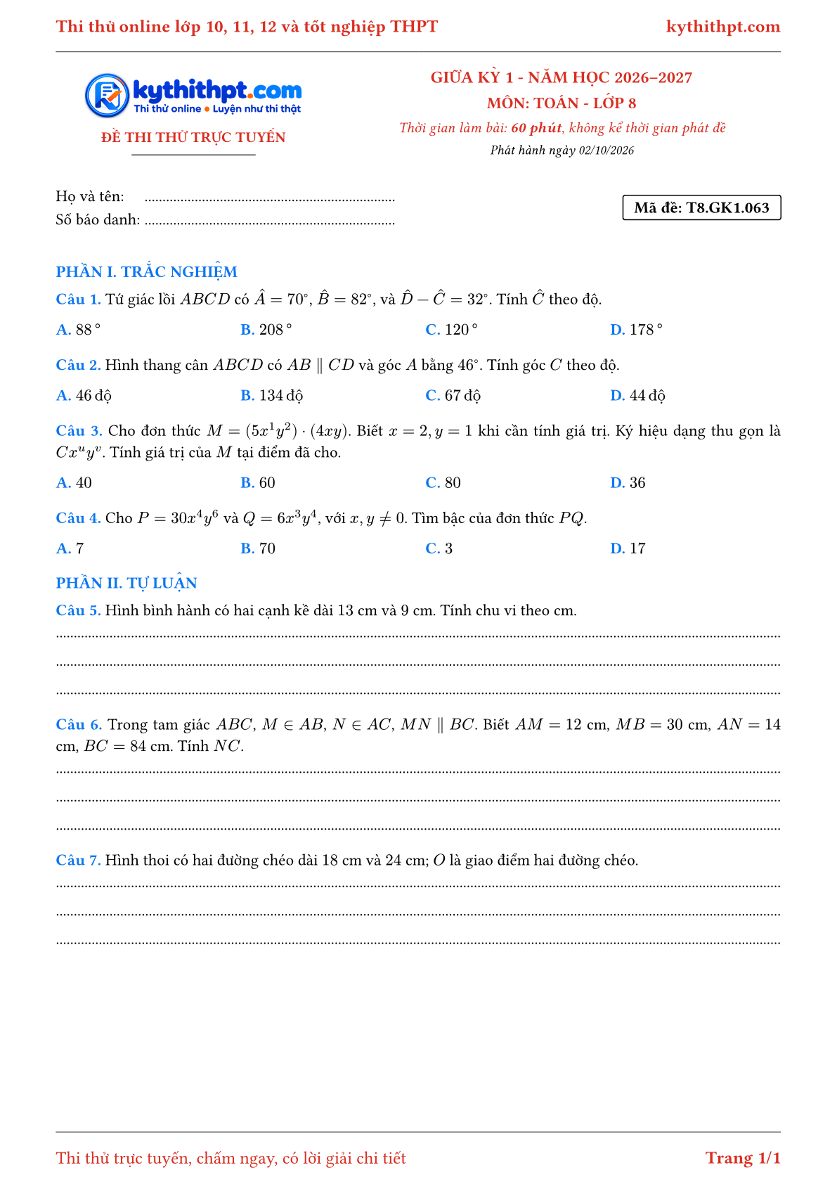Trang đầu Đề thi thử online giữa kỳ 1 môn Toán lớp 8 - trắc nghiệm + tự luận nâng cao - đề 066