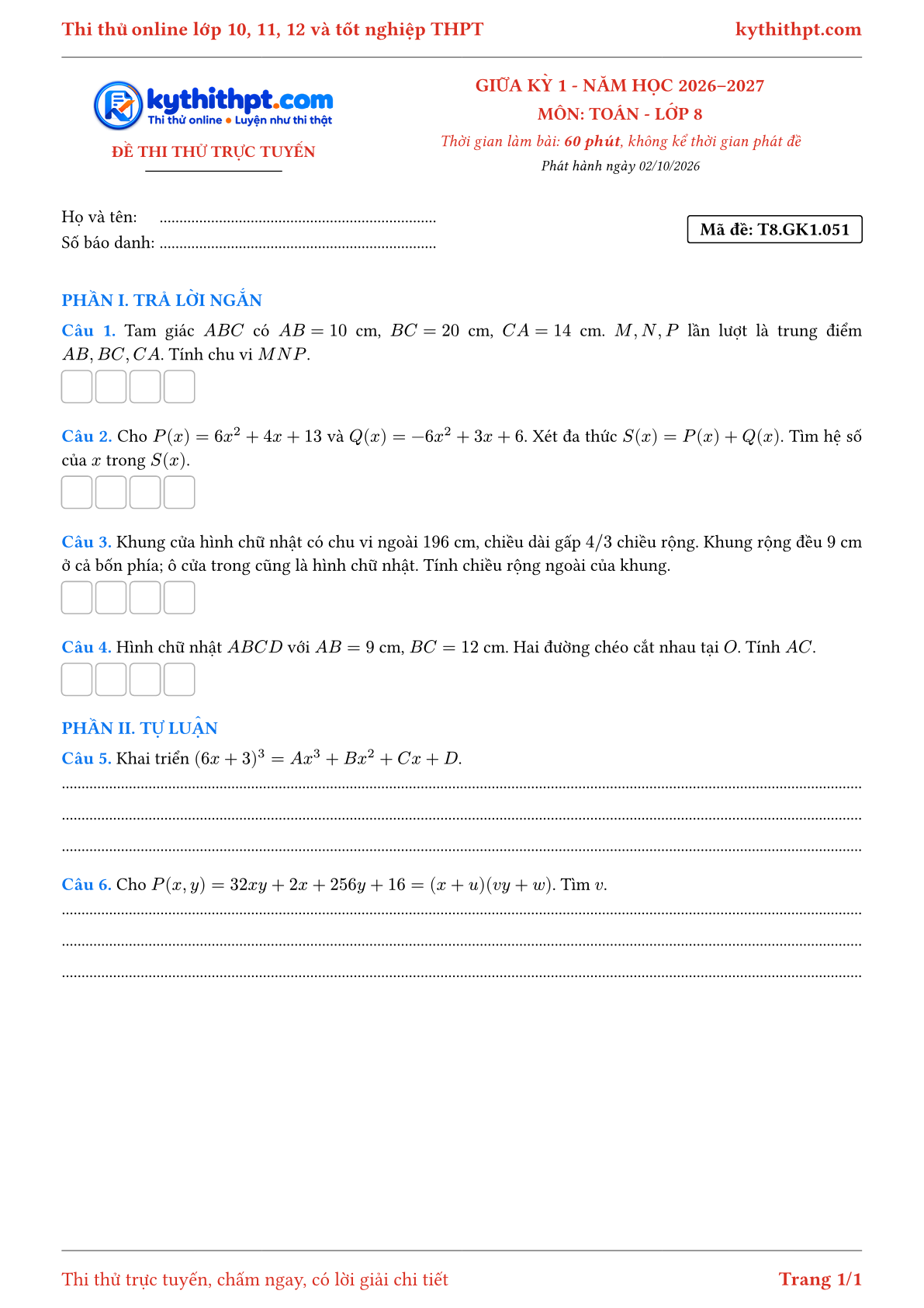Trang đầu Đề thi thử online giữa kỳ 1 môn Toán lớp 8 - trả lời ngắn + tự luận - đề 053