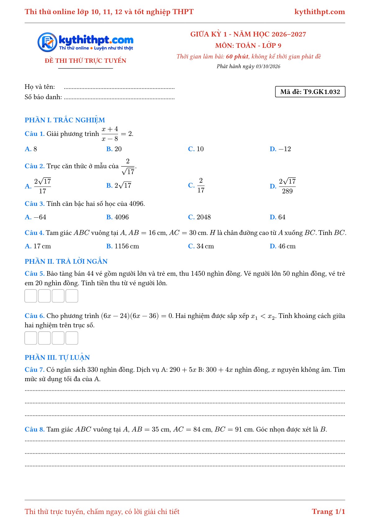 Trang đầu Đề thi thử online giữa kỳ 1 môn Toán lớp 9 - trắc nghiệm + trả lời ngắn + tự luận - đề 034