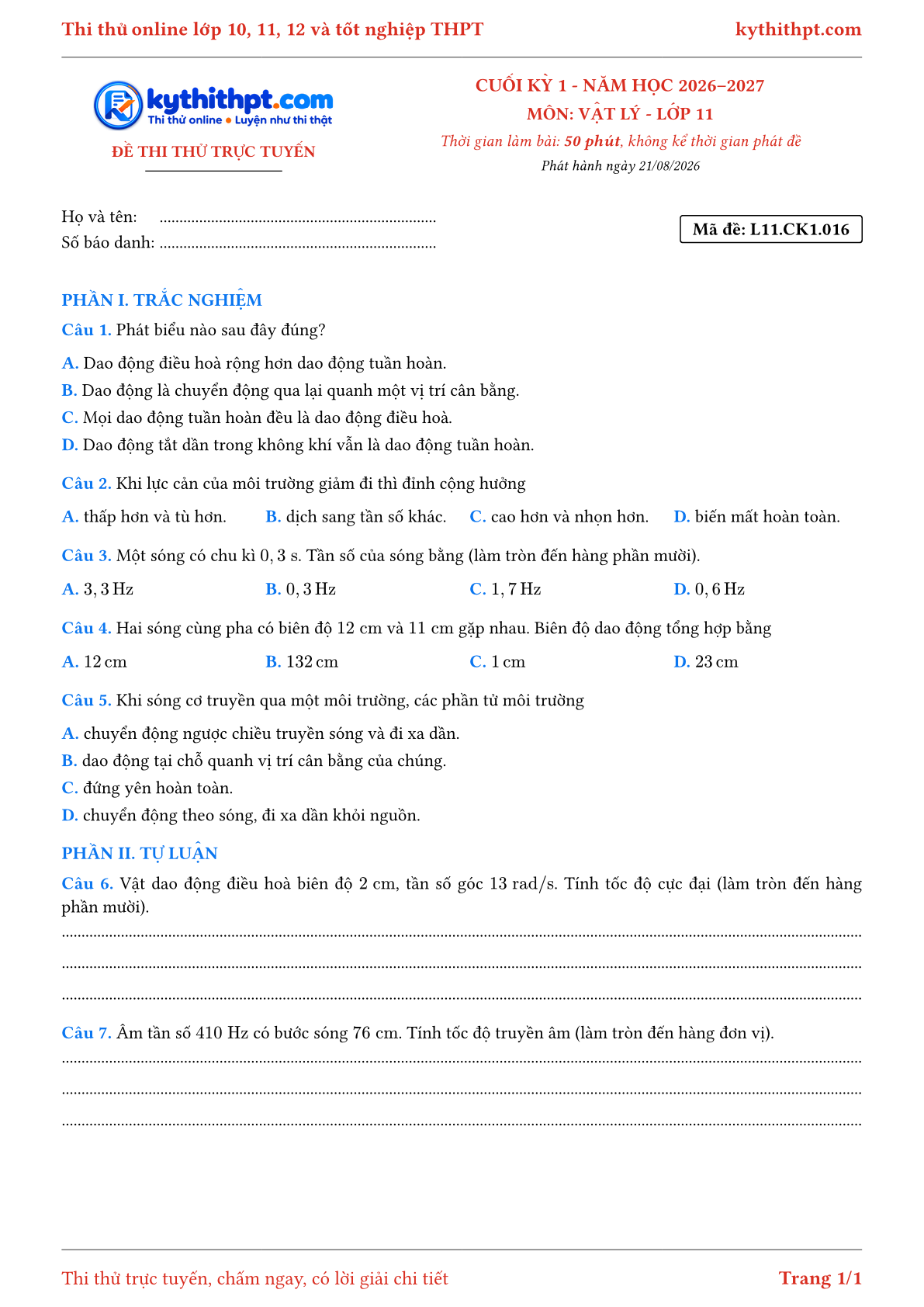 Trang đầu Đề thi thử online cuối kỳ 1 môn Vật lý lớp 11 - trắc nghiệm + tự luận - đề 016