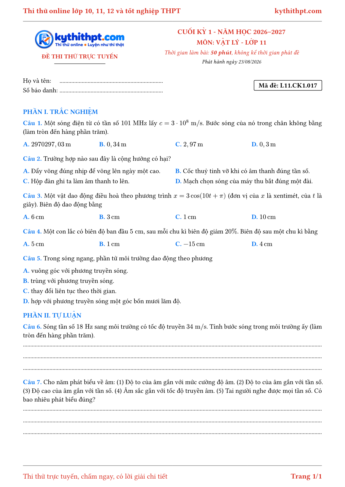 Trang đầu Đề thi thử online cuối kỳ 1 môn Vật lý lớp 11 - trắc nghiệm + tự luận - đề 017