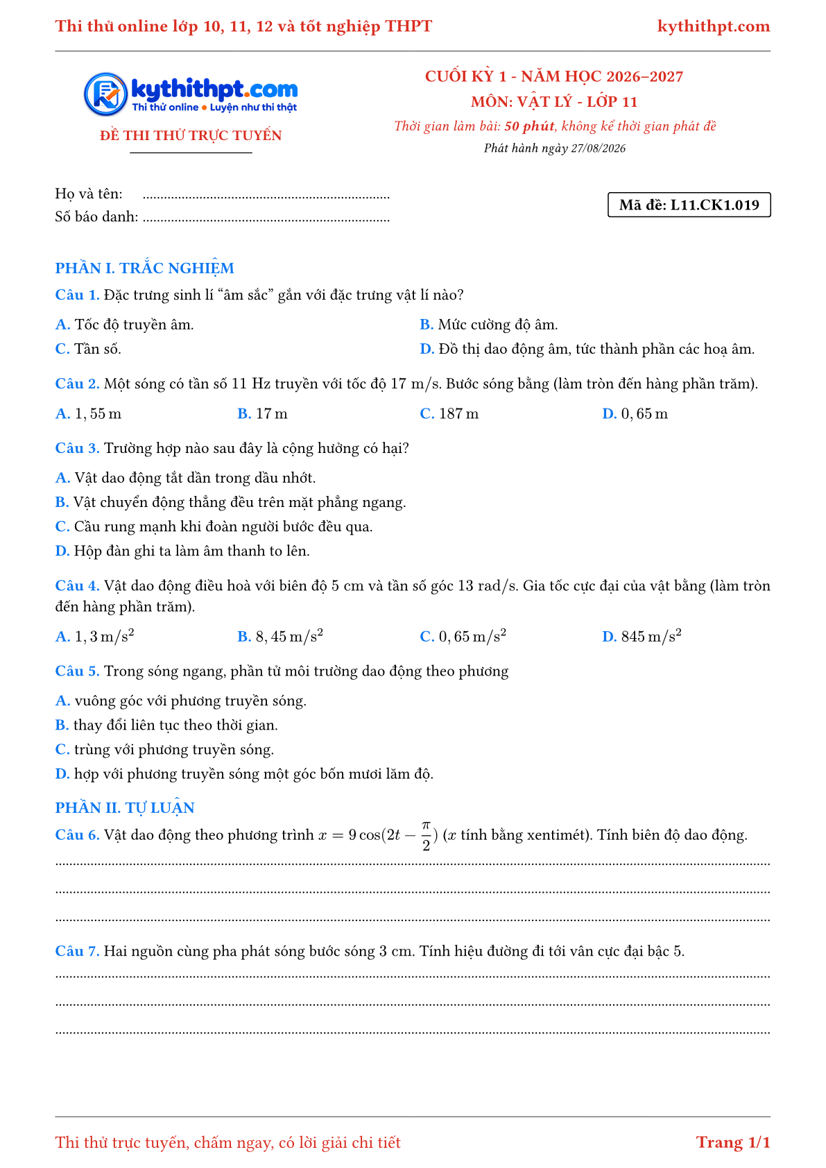 Trang đầu Đề thi thử online cuối kỳ 1 môn Vật lý lớp 11 - trắc nghiệm + tự luận - đề 019