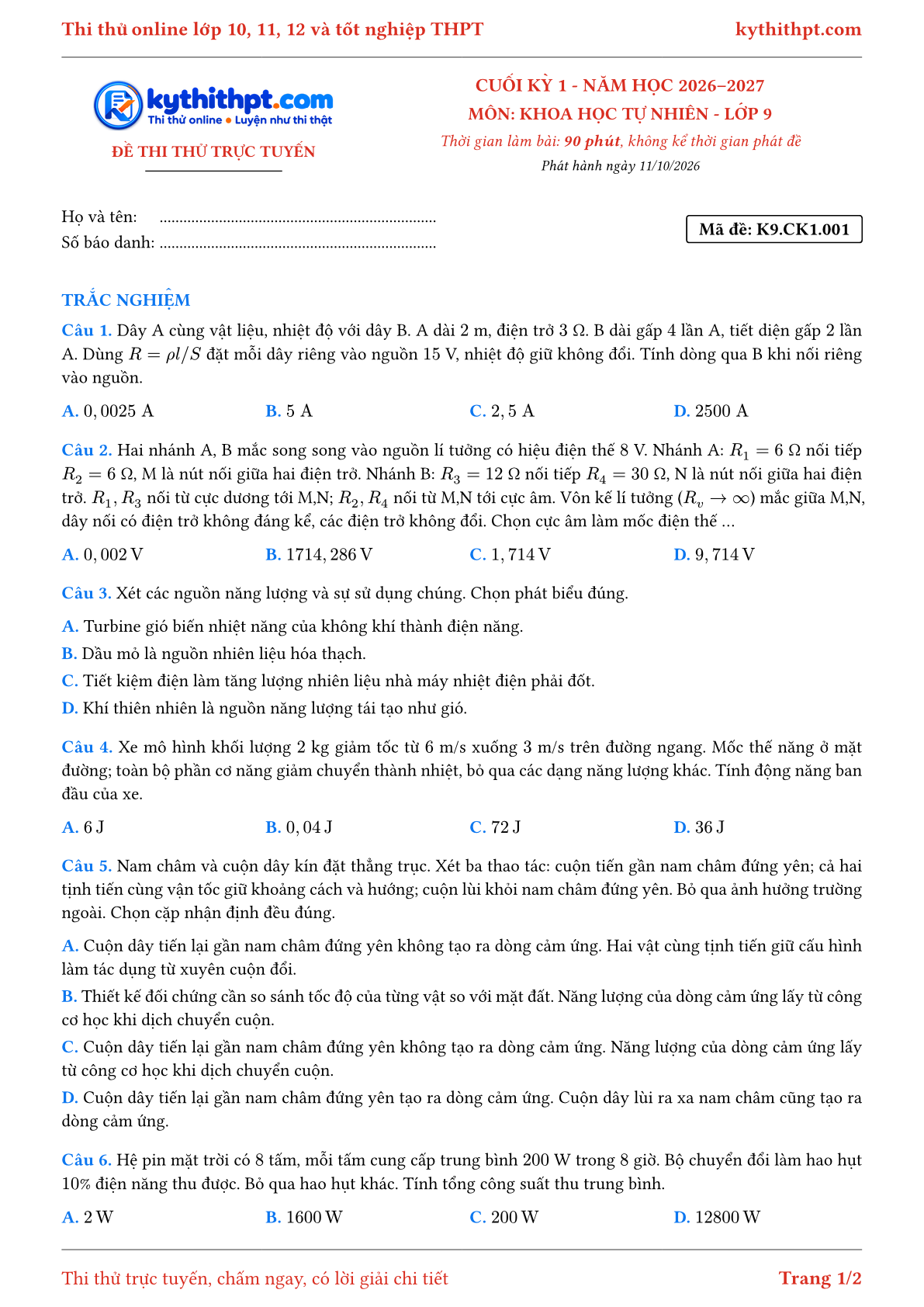 Trang đầu Đề thi thử online cuối kỳ 1 môn Khoa học tự nhiên lớp 9 - full trắc nghiệm - đề 001