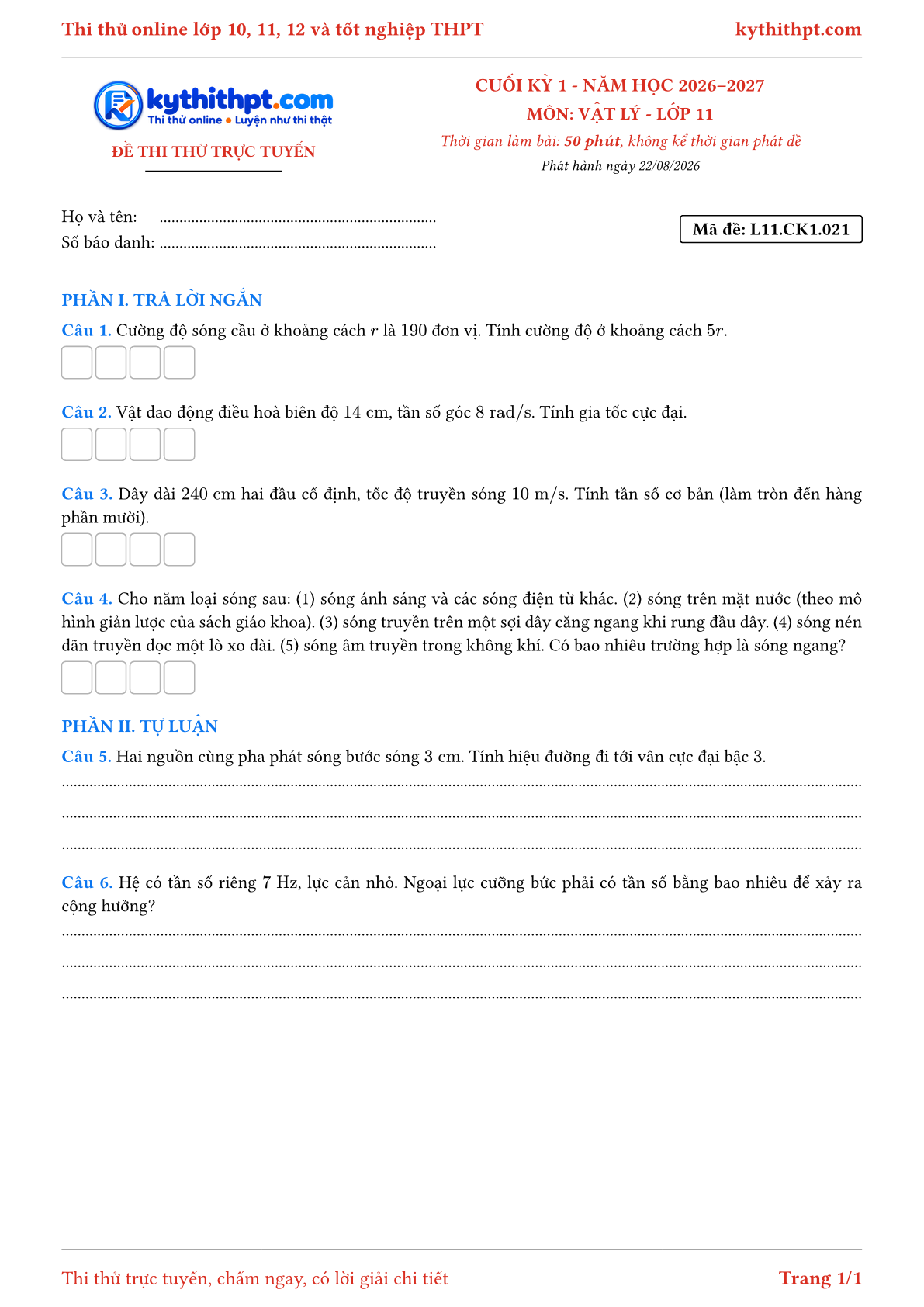 Trang đầu Đề thi thử online cuối kỳ 1 môn Vật lý lớp 11 - trả lời ngắn + tự luận - đề 021