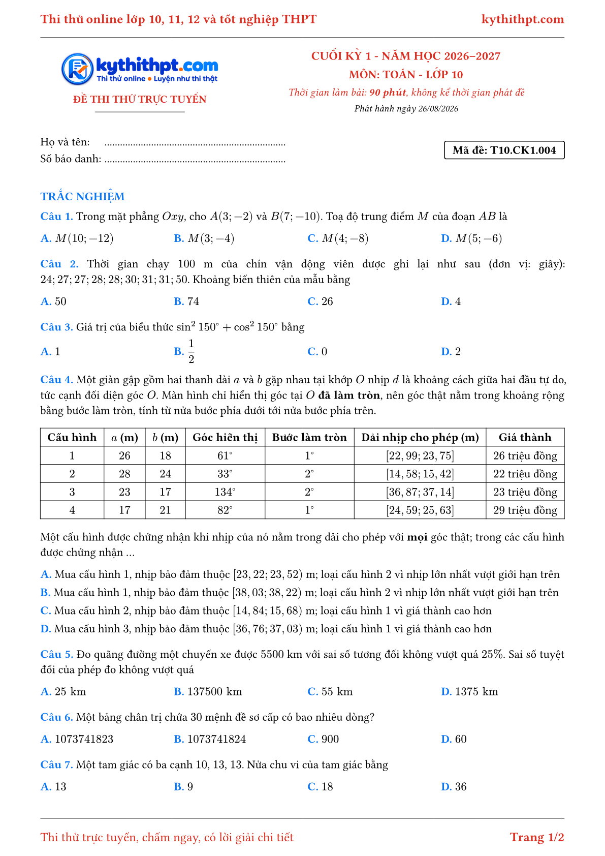 Trang đầu Đề thi thử online cuối kỳ 1 môn Toán lớp 10 - full trắc nghiệm - đề 004