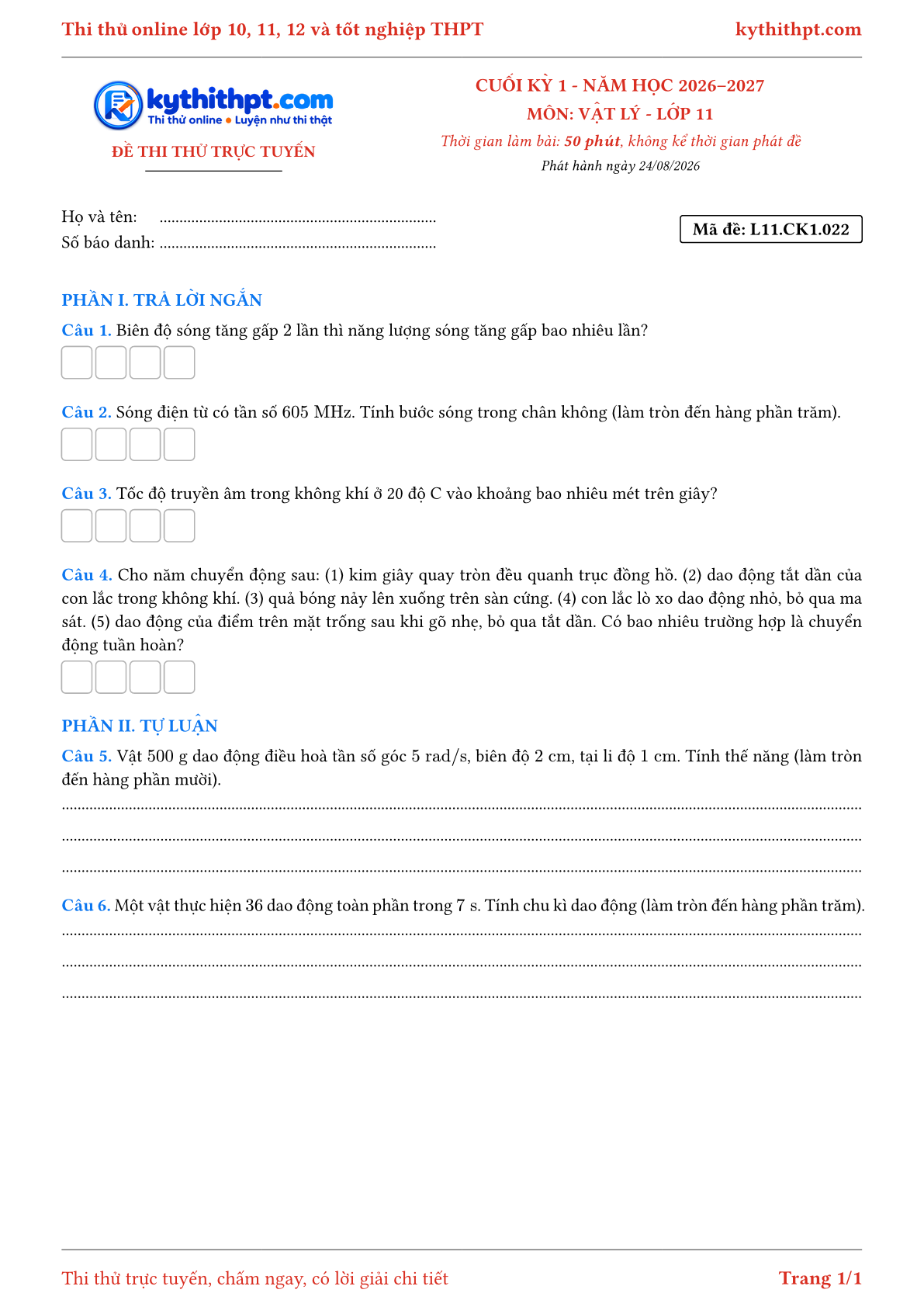 Trang đầu Đề thi thử online cuối kỳ 1 môn Vật lý lớp 11 - trả lời ngắn + tự luận - đề 022
