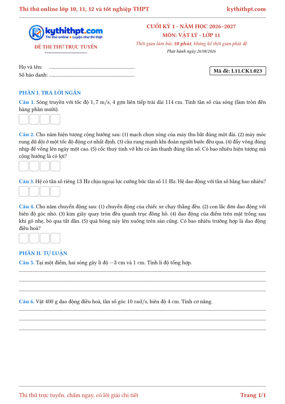 Trang đầu Đề thi thử online cuối kỳ 1 môn Vật lý lớp 11 - trả lời ngắn + tự luận - đề 023