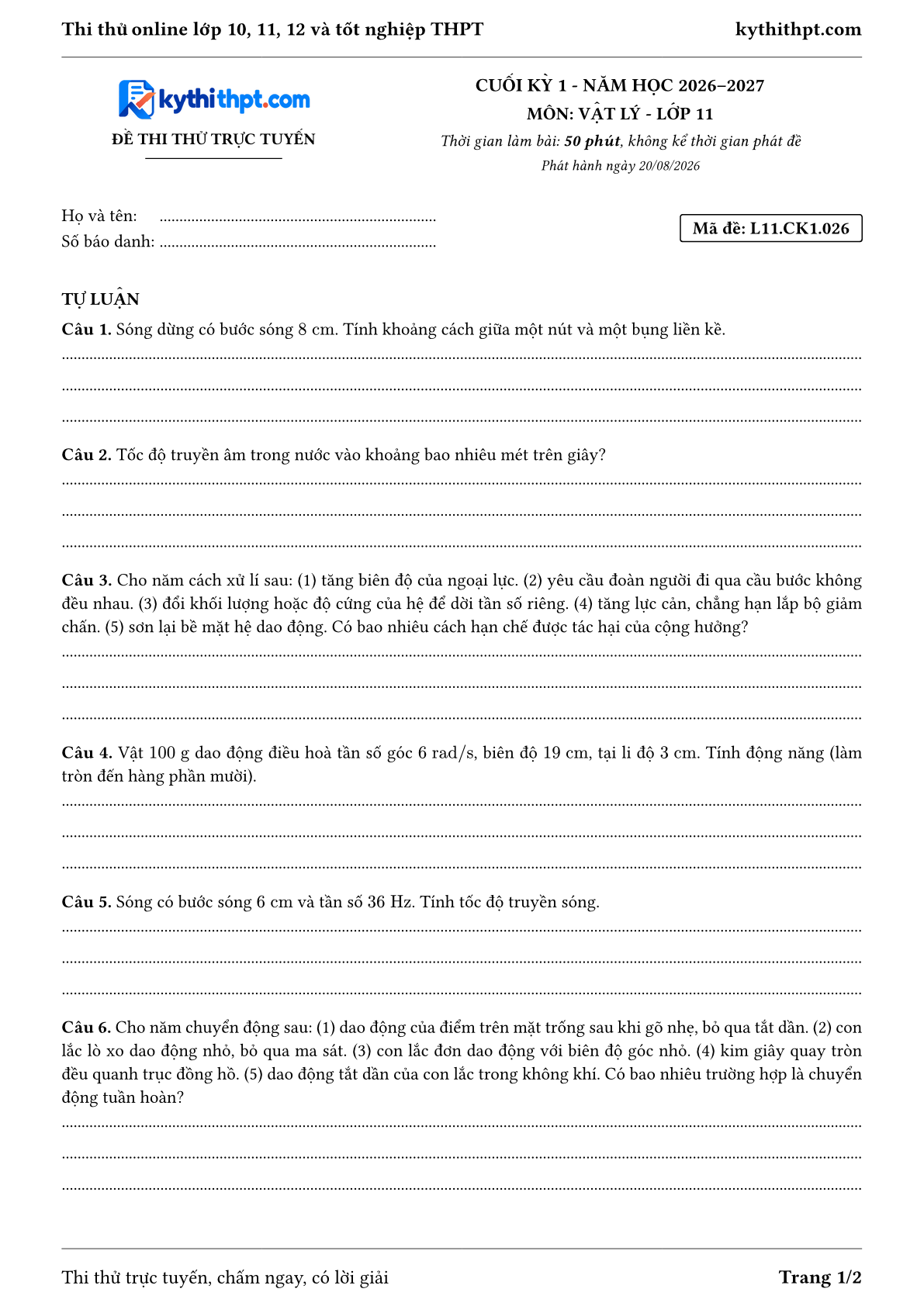 Trang đầu Đề thi thử online cuối kỳ 1 môn Vật lý lớp 11 - full tự luận - đề 026