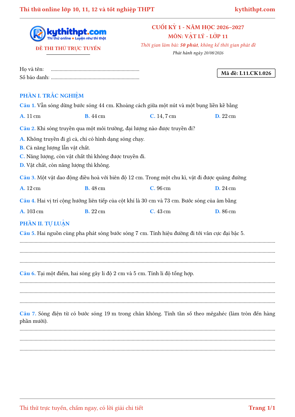 Trang đầu Đề thi thử online cuối kỳ 1 môn Vật lý lớp 11 - trắc nghiệm + tự luận nâng cao - đề 026