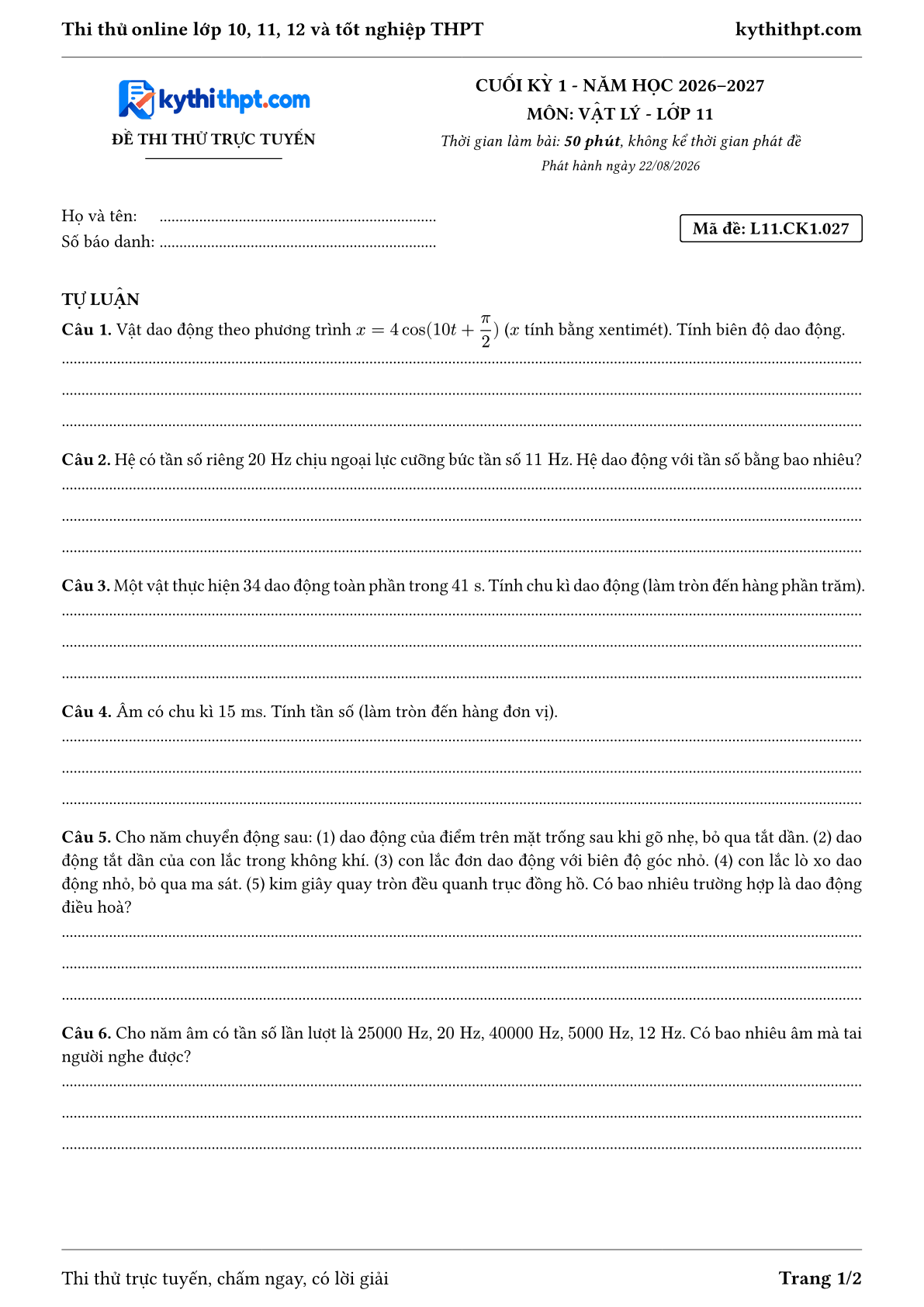 Trang đầu Đề thi thử online cuối kỳ 1 môn Vật lý lớp 11 - full tự luận - đề 027