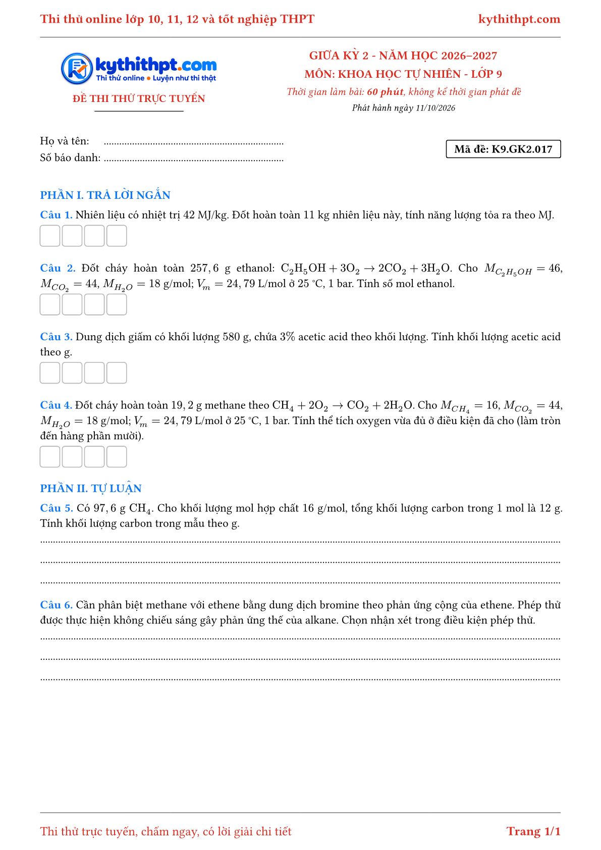 Trang đầu Đề thi thử online giữa kỳ 2 môn Khoa học tự nhiên lớp 9 - trả lời ngắn + tự luận - đề 017