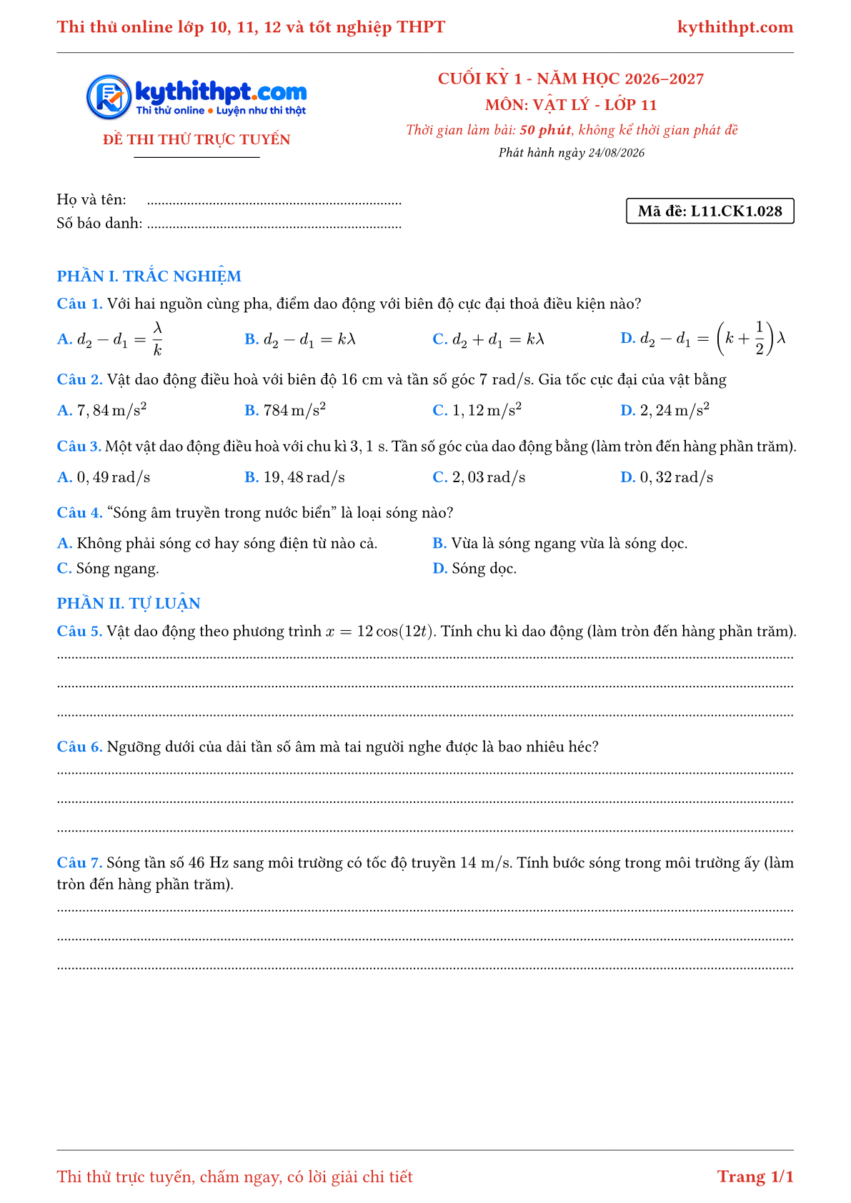 Trang đầu Đề thi thử online cuối kỳ 1 môn Vật lý lớp 11 - trắc nghiệm + tự luận nâng cao - đề 028