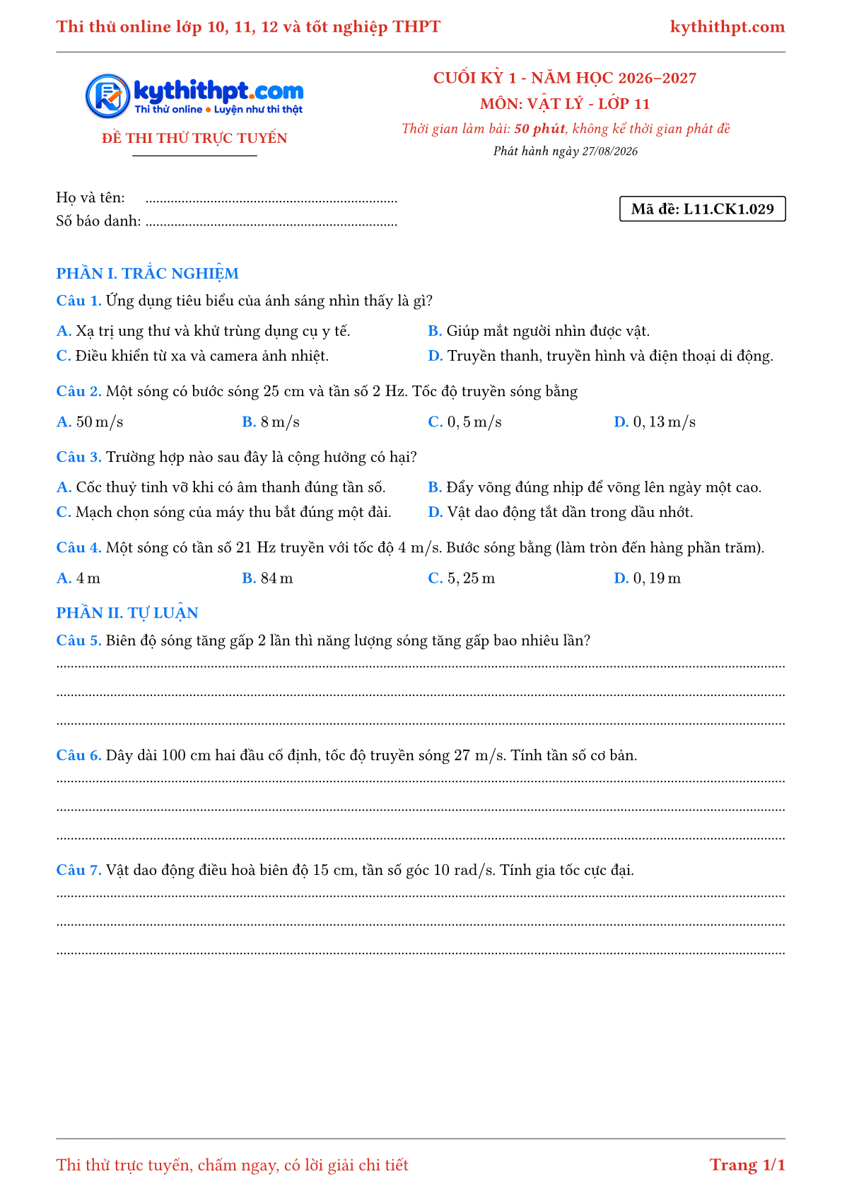 Trang đầu Đề thi thử online cuối kỳ 1 môn Vật lý lớp 11 - trắc nghiệm + tự luận nâng cao - đề 029