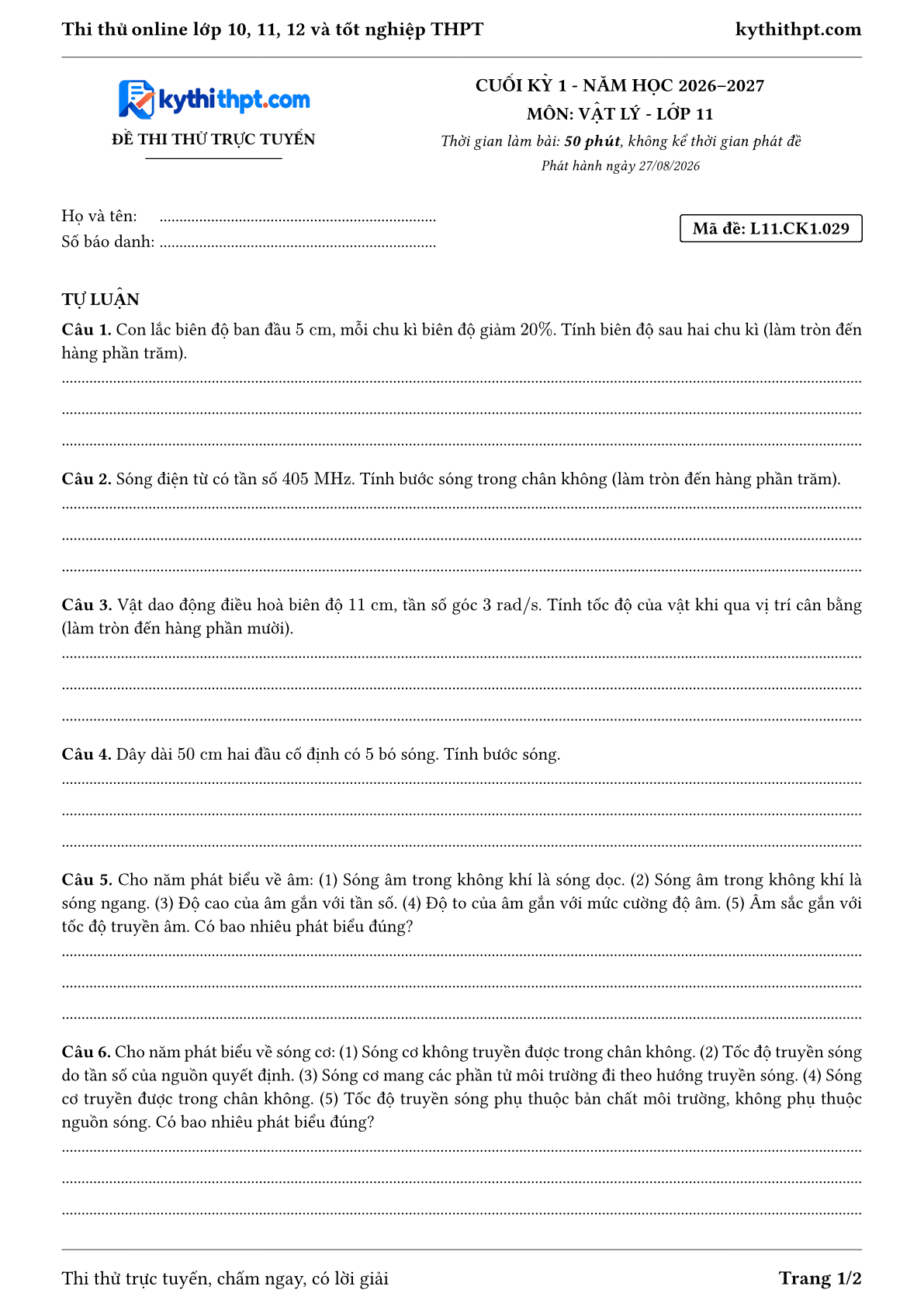 Trang đầu Đề thi thử online cuối kỳ 1 môn Vật lý lớp 11 - full tự luận - đề 029