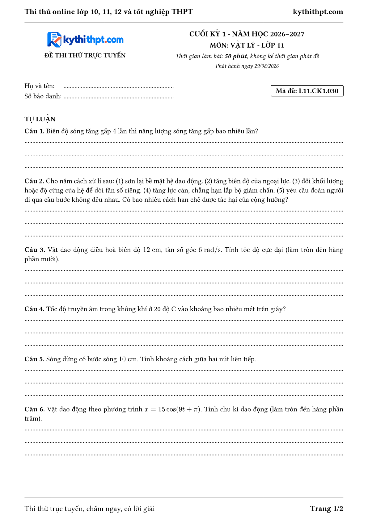 Trang đầu Đề thi thử online cuối kỳ 1 môn Vật lý lớp 11 - full tự luận - đề 030