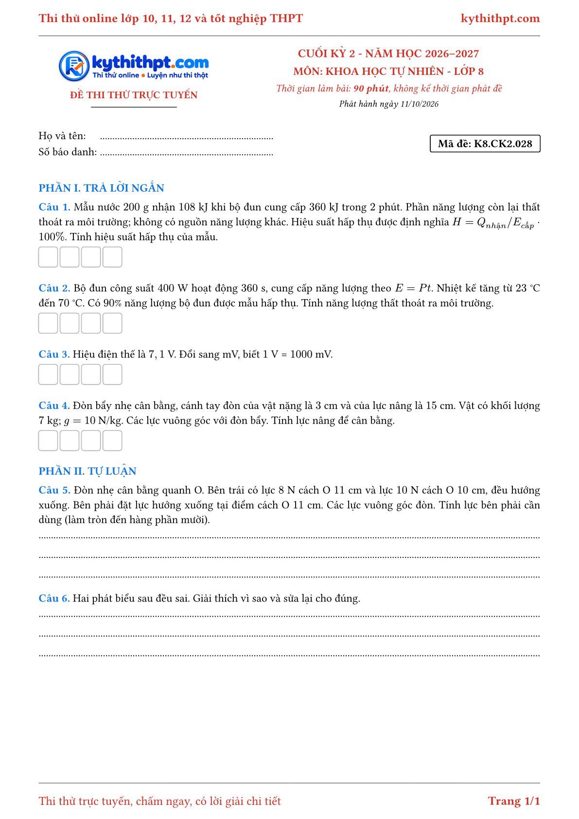 Trang đầu Đề thi thử online cuối kỳ 2 môn Khoa học tự nhiên lớp 8 - trả lời ngắn + tự luận - đề 028