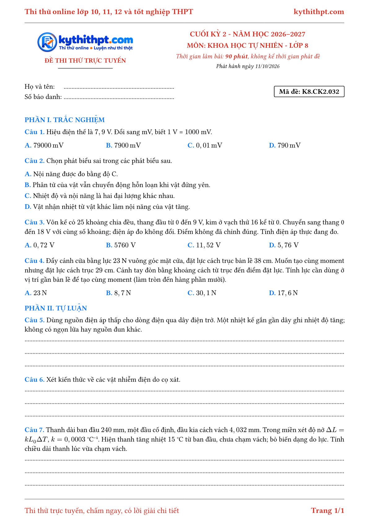 Trang đầu Đề thi thử online cuối kỳ 2 môn Khoa học tự nhiên lớp 8 - trắc nghiệm + tự luận nâng cao - đề 032