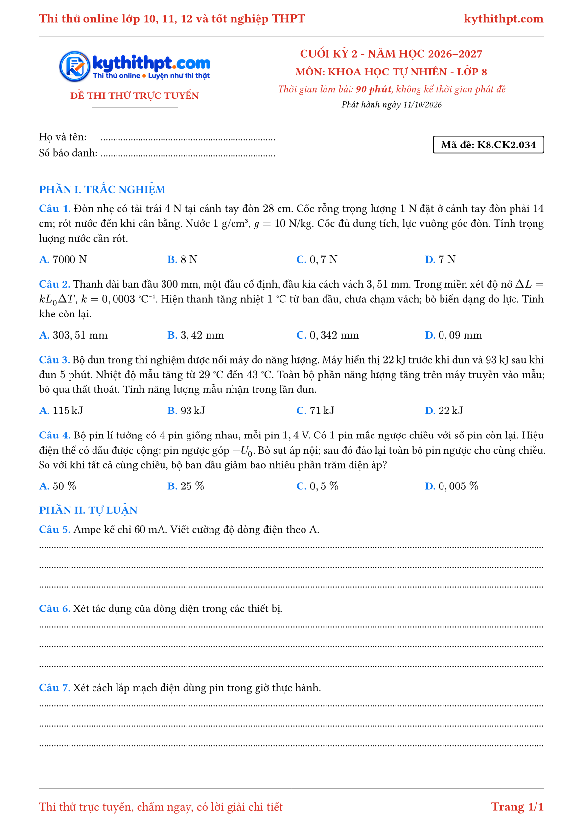 Trang đầu Đề thi thử online cuối kỳ 2 môn Khoa học tự nhiên lớp 8 - trắc nghiệm + tự luận nâng cao - đề 034