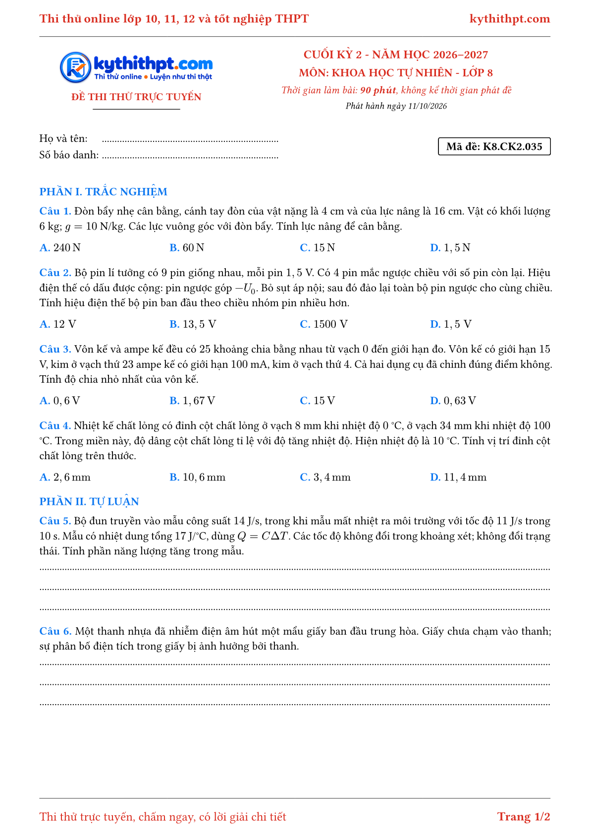 Trang đầu Đề thi thử online cuối kỳ 2 môn Khoa học tự nhiên lớp 8 - trắc nghiệm + tự luận nâng cao - đề 035