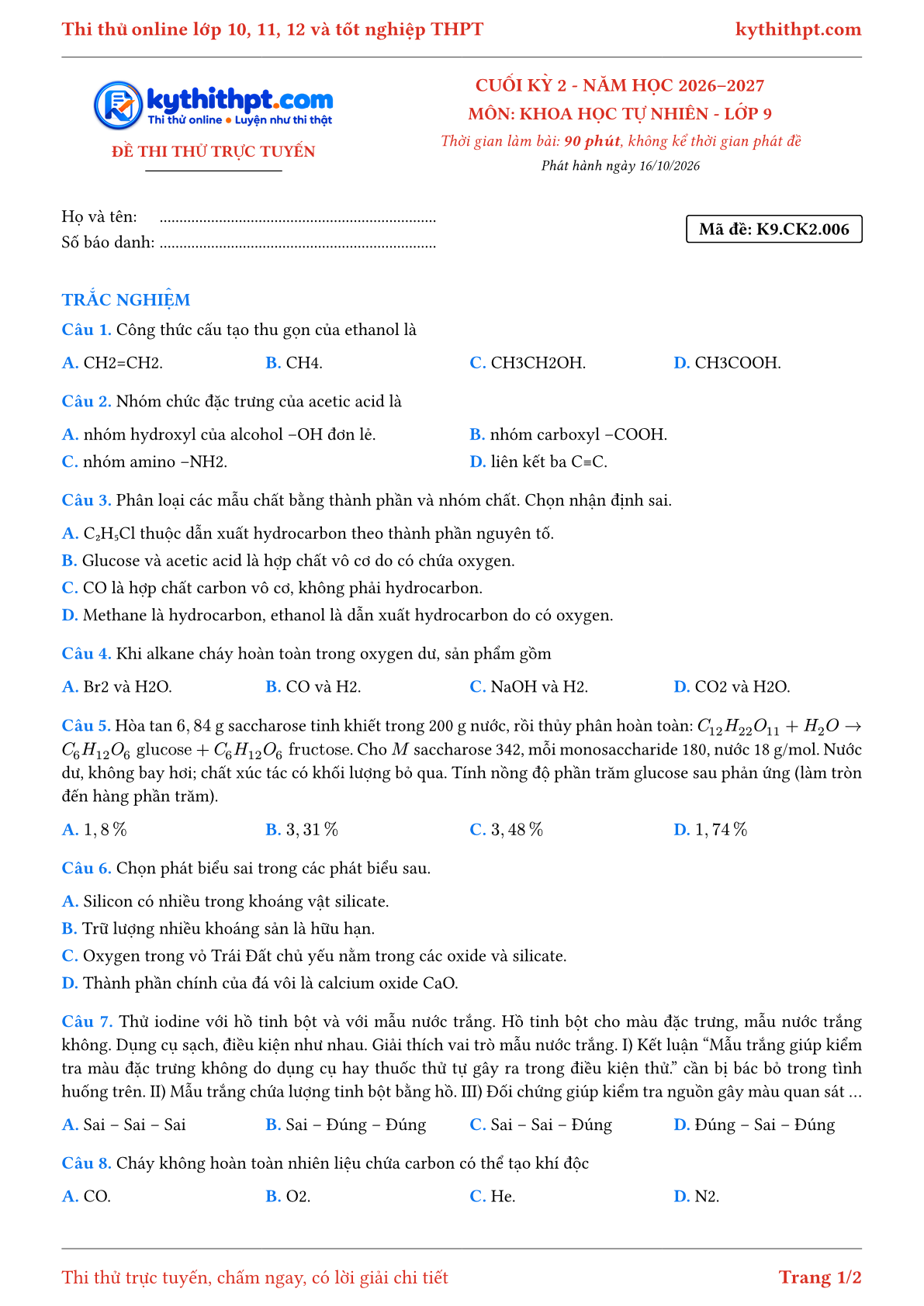 Trang đầu Đề thi thử online cuối kỳ 2 môn Khoa học tự nhiên lớp 9 - full trắc nghiệm - đề 006