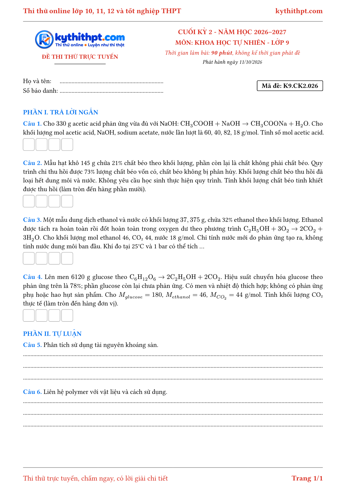 Trang đầu Đề thi thử online cuối kỳ 2 môn Khoa học tự nhiên lớp 9 - trả lời ngắn + tự luận - đề 026